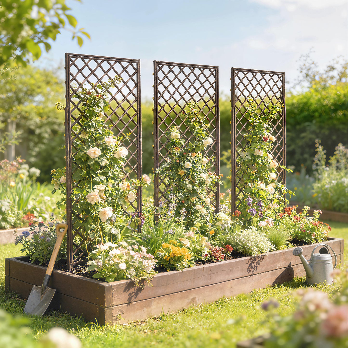 Outsunny Garden Arch, Garden Arbor with 8mm Wicker and Flat Top, Natural Wood Finish