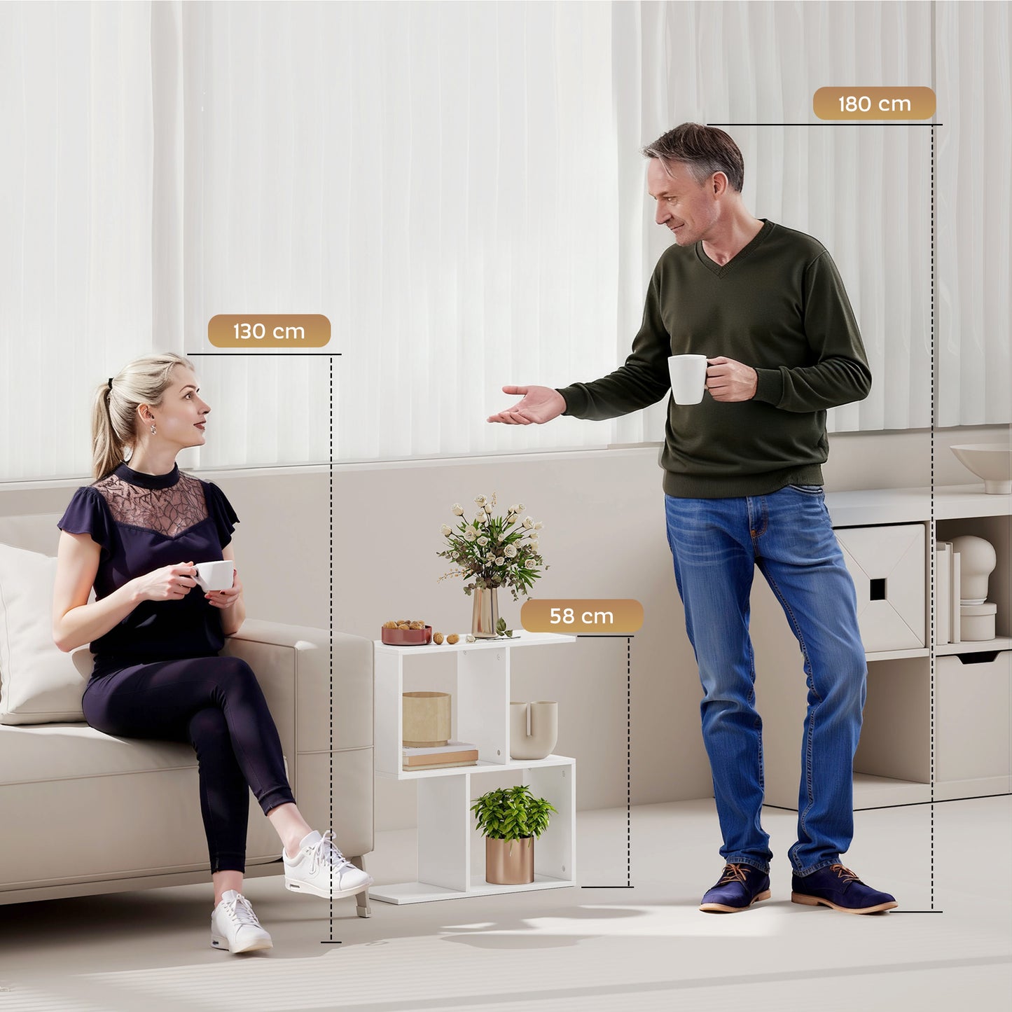 HOMCOM Side Table, Narrow End Table with Storage Shelves, S-Shaped, 3-Tier, 50W x 19.5D x 58H cm, White