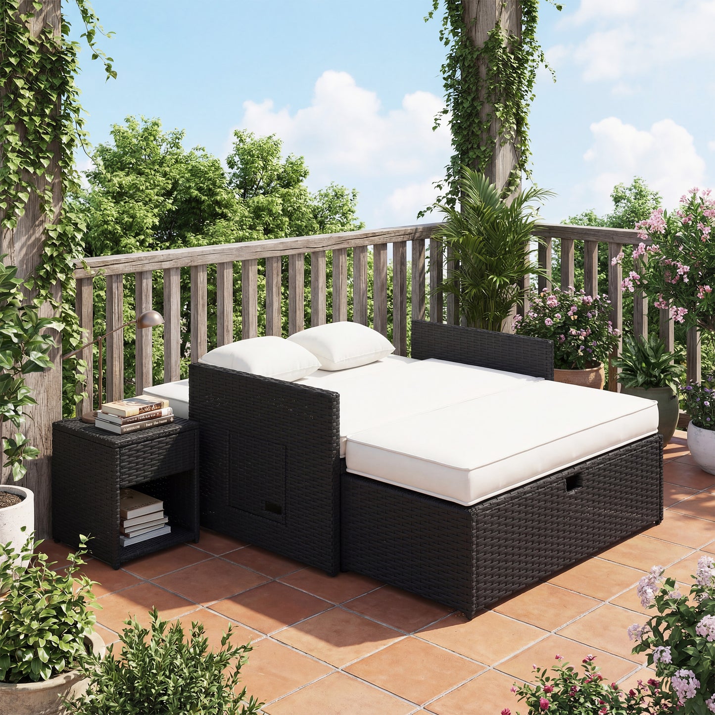 Outsunny Rattan Garden Daybed, Assembled Double Sun Lounger with 5-Level Adjustable Back, Storage Ottoman, Cream White
