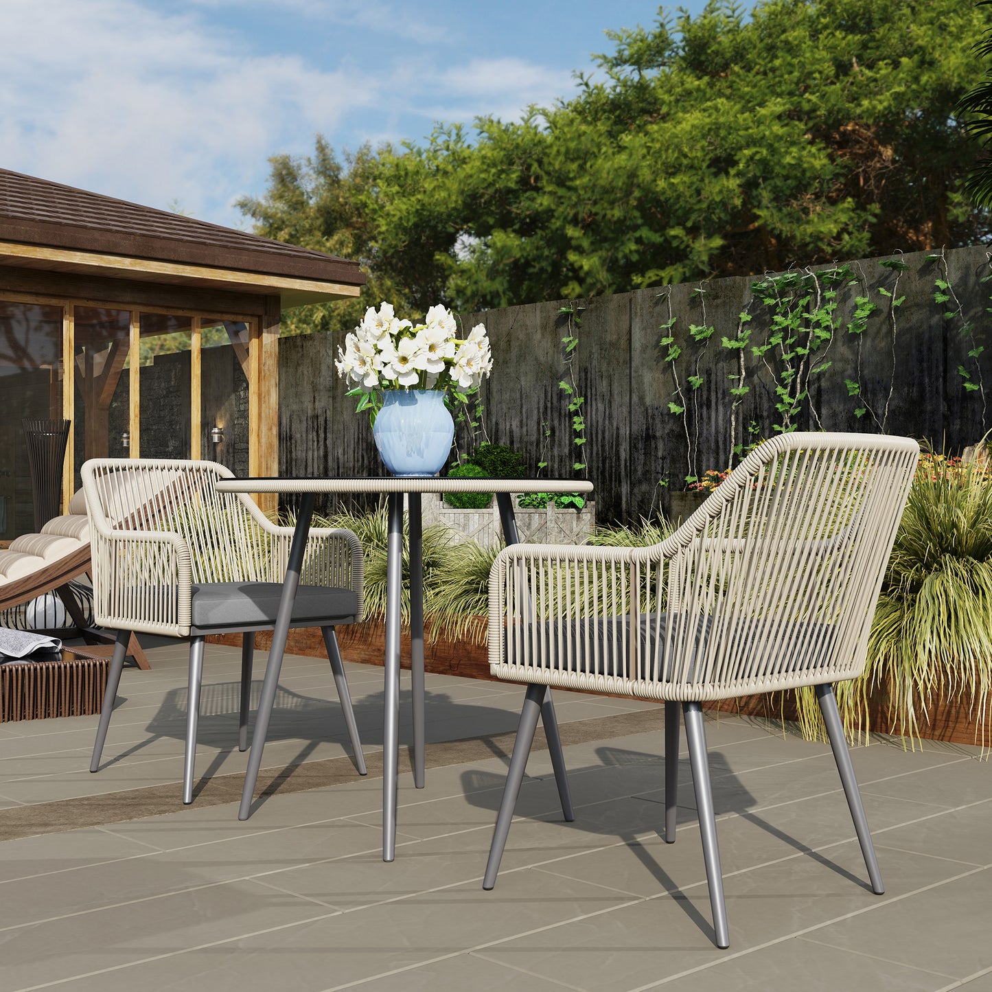 Outsunny 4 Seater Rattan Dining Set, Garden Furniture with Parasol Hole & Cushions, Round Glass Table