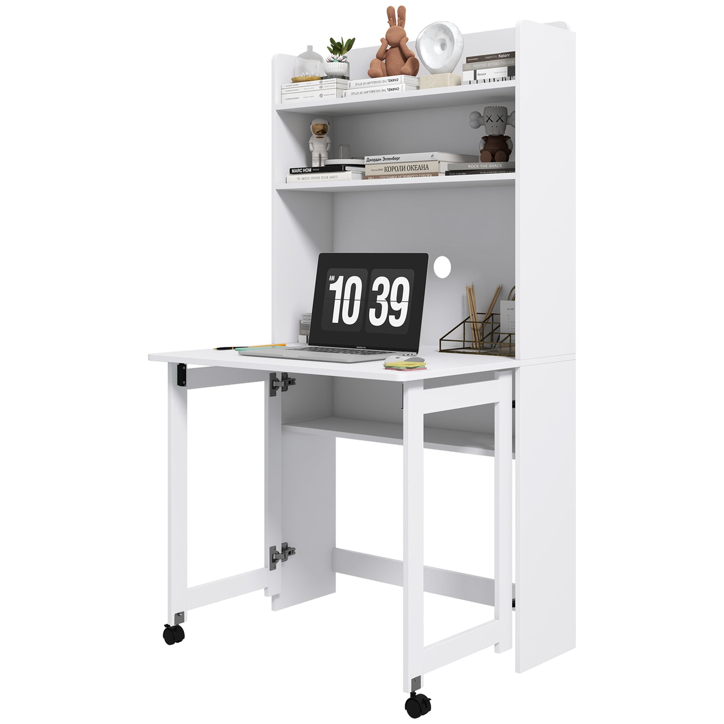 HOMCOM Computer desk with storage shelves, foldable top, 2 casters for bedroom & living room 80 x 69 x 155 cm white