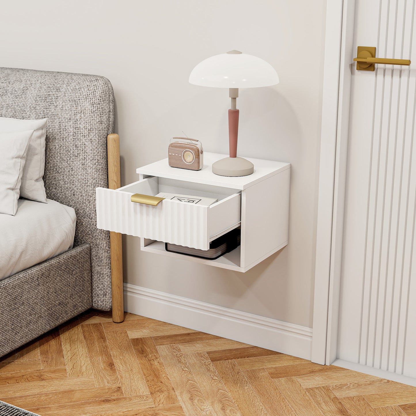 HOMCOM Floating Nightstands Set of 2, Modern Wall Mounted Bedside Tables with Fluted Drawer and Open Shelf for Bedroom, White