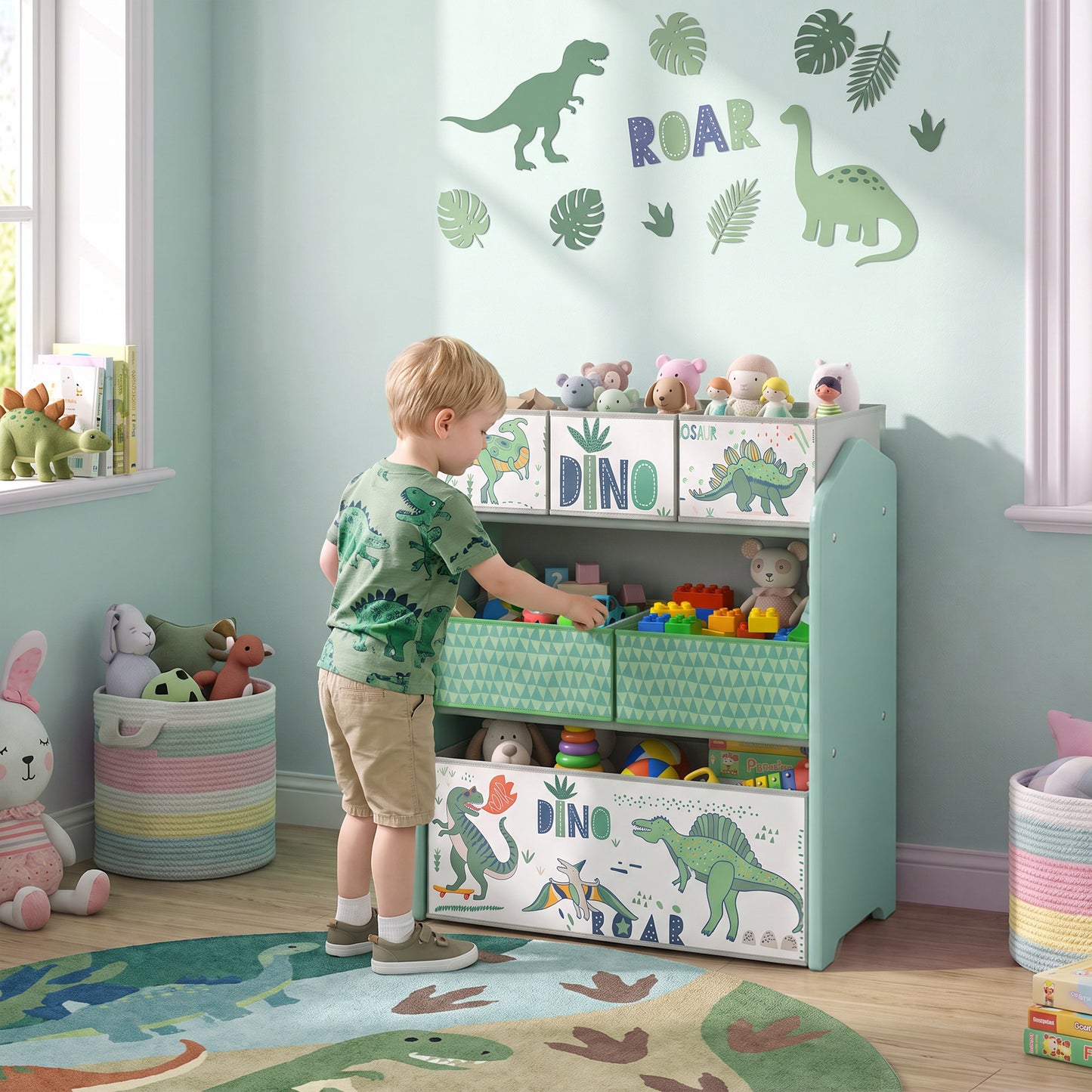 AIYAPLAY Toy Storage Organiser, 3-Tier Wooden Kids Toy Storage Rack with 6 Fabric Storage Bins for Bedroom, Kids Room, Green