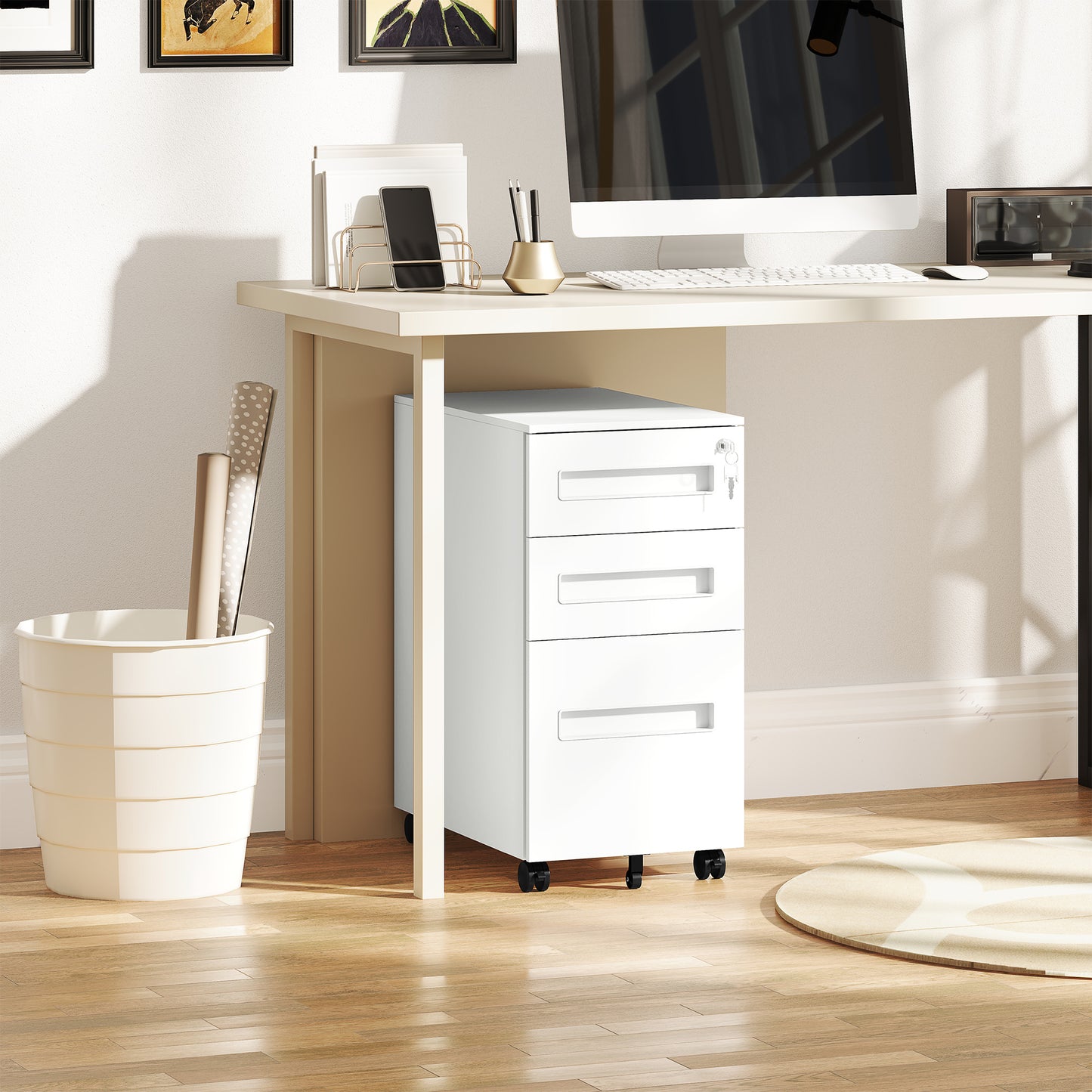 Vinsetto Metal Mobile File Cabinet with Wheels, Lockable 3 Drawer A4/Letter Under Desk Storage, Pre-Assembled, 30x43.5x60cm, White