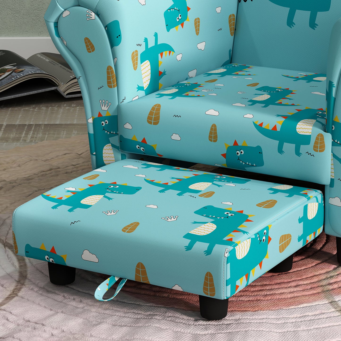 AIYAPLAY 2 Piece Kids Sofa Set with Dinosaur Design, Wooden Frame, for 1.5-3 Years Old - Blue