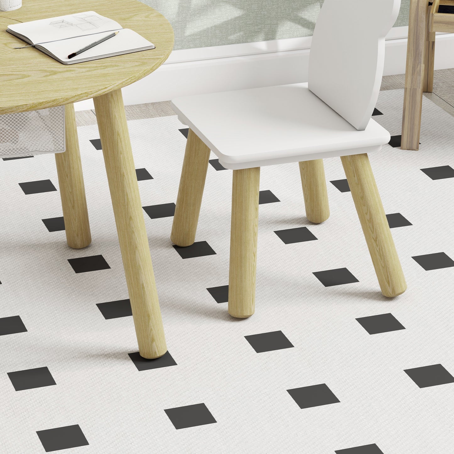 AIYAPLAY 3 Pieces Kids Activity Table Set with Centre Mesh Bag, Bear Shaped Backrest, for Arts, Reading, Dining