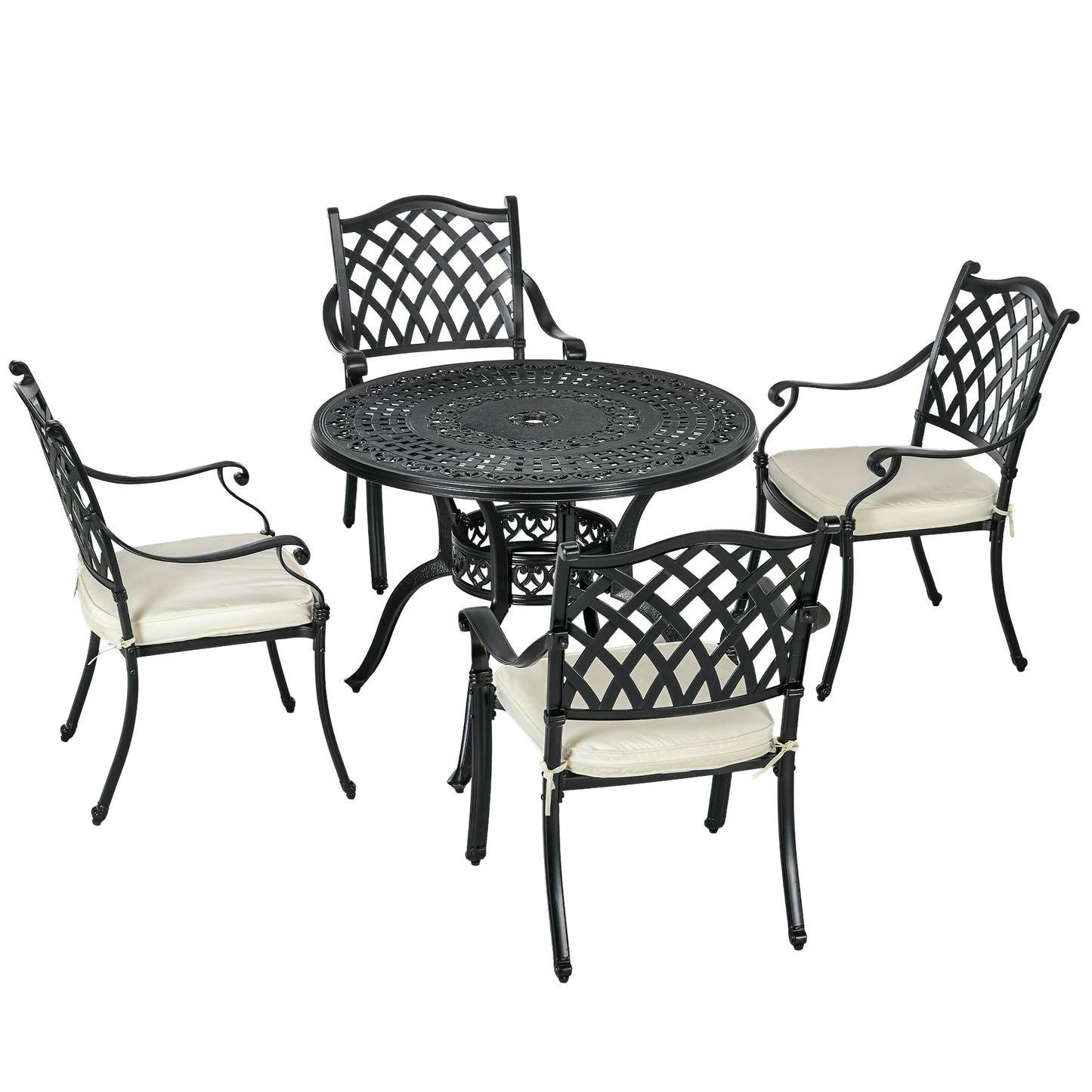 Outsunny Cast Aluminium 4 Seater Outdoor Dining Set with Cushions Parasol Hole Black