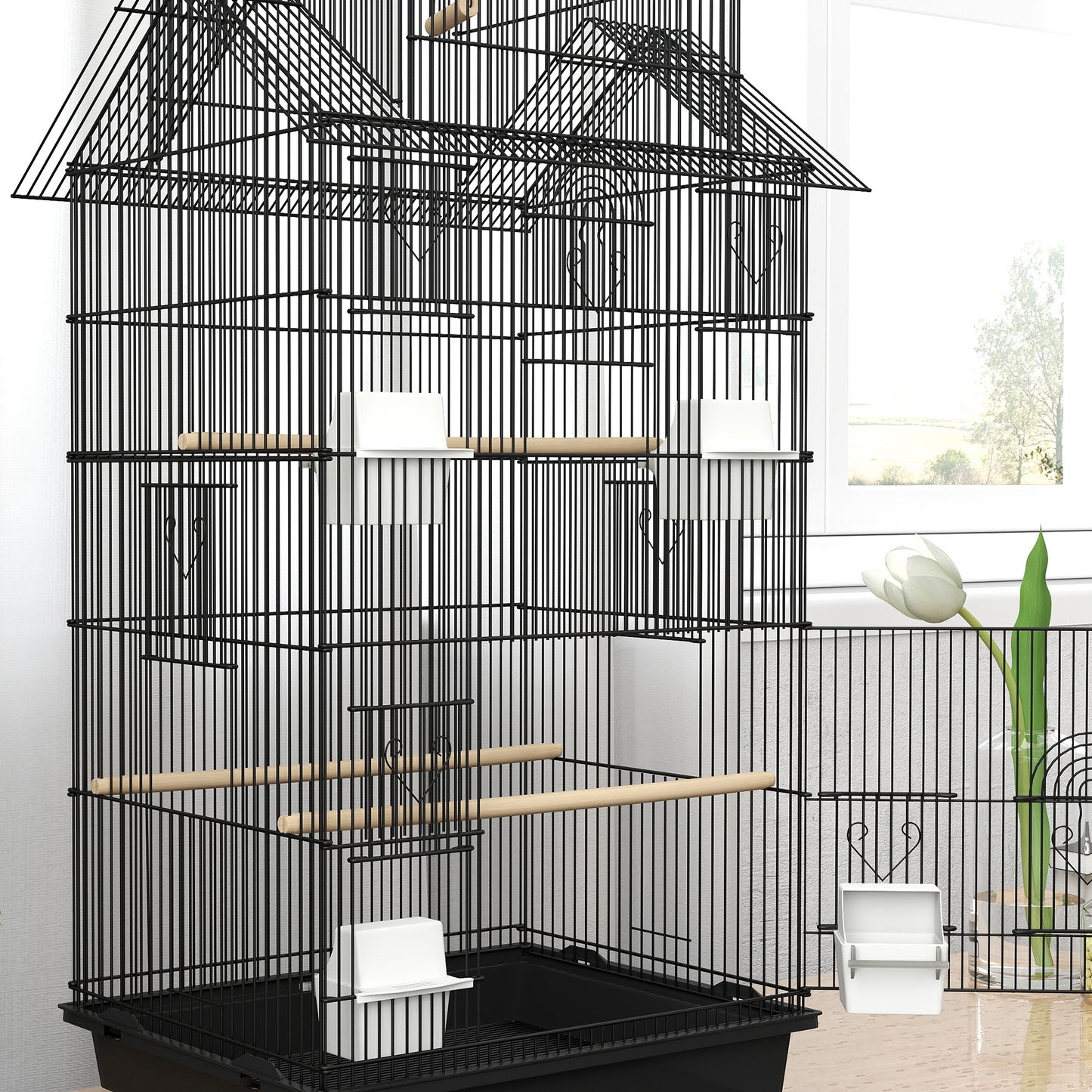 PawHut Metal Bird Cage with Plastic Swing, Perch, Food Container, Tray, Handle, for Finches, Canaries, 43 x 32.5 x 104cm