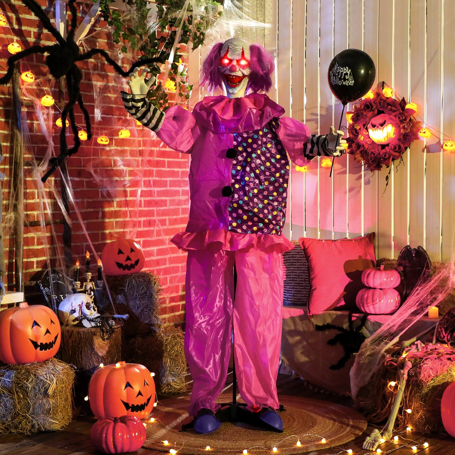 Outsunny Life Size Halloween Animated Clown with Light Up Eyes, Sound Activated, Moving Body, Battery Operated, Indoor Props, 175 cm, Red Eyes