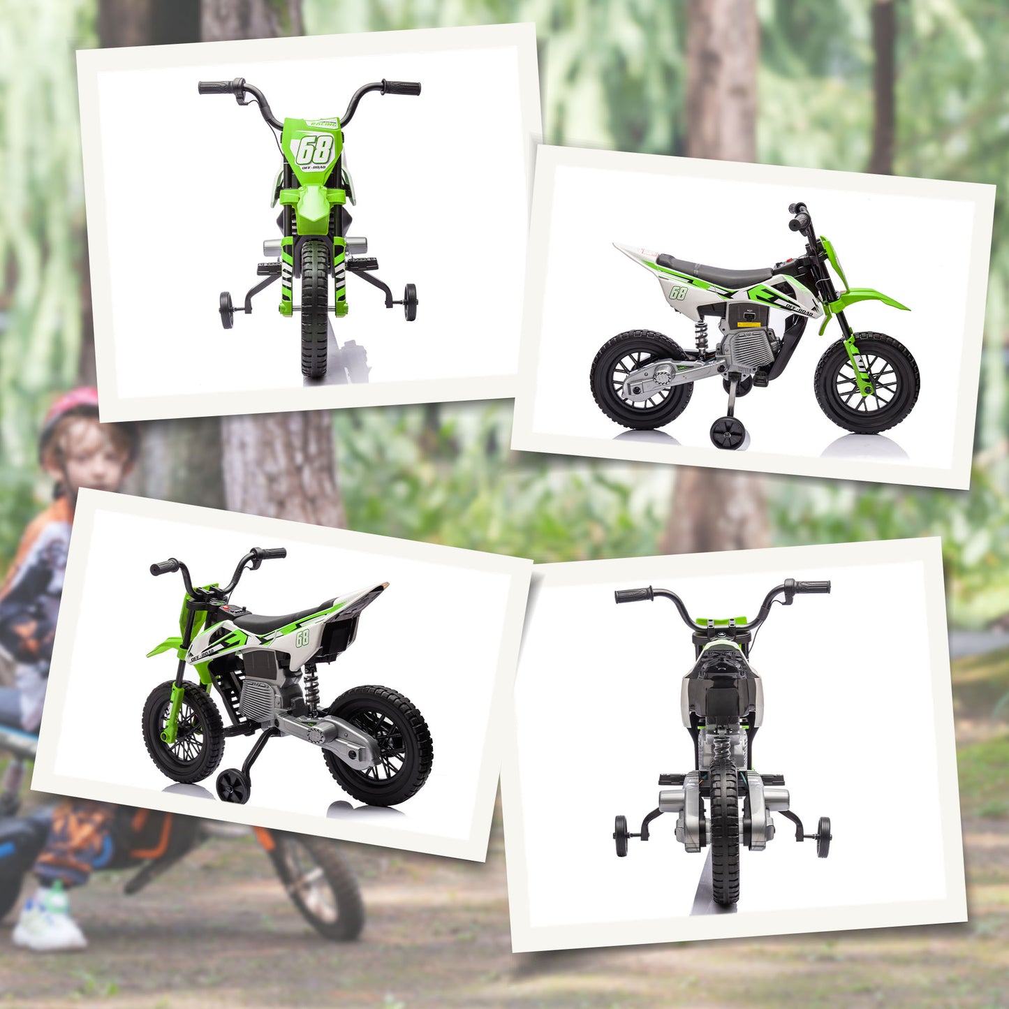 AIYAPLAY 12V Kids Electric Motorbike, Kids Electric Ride on Motorcycle w/ Twist Grip Throttle, Training Wheels - Green