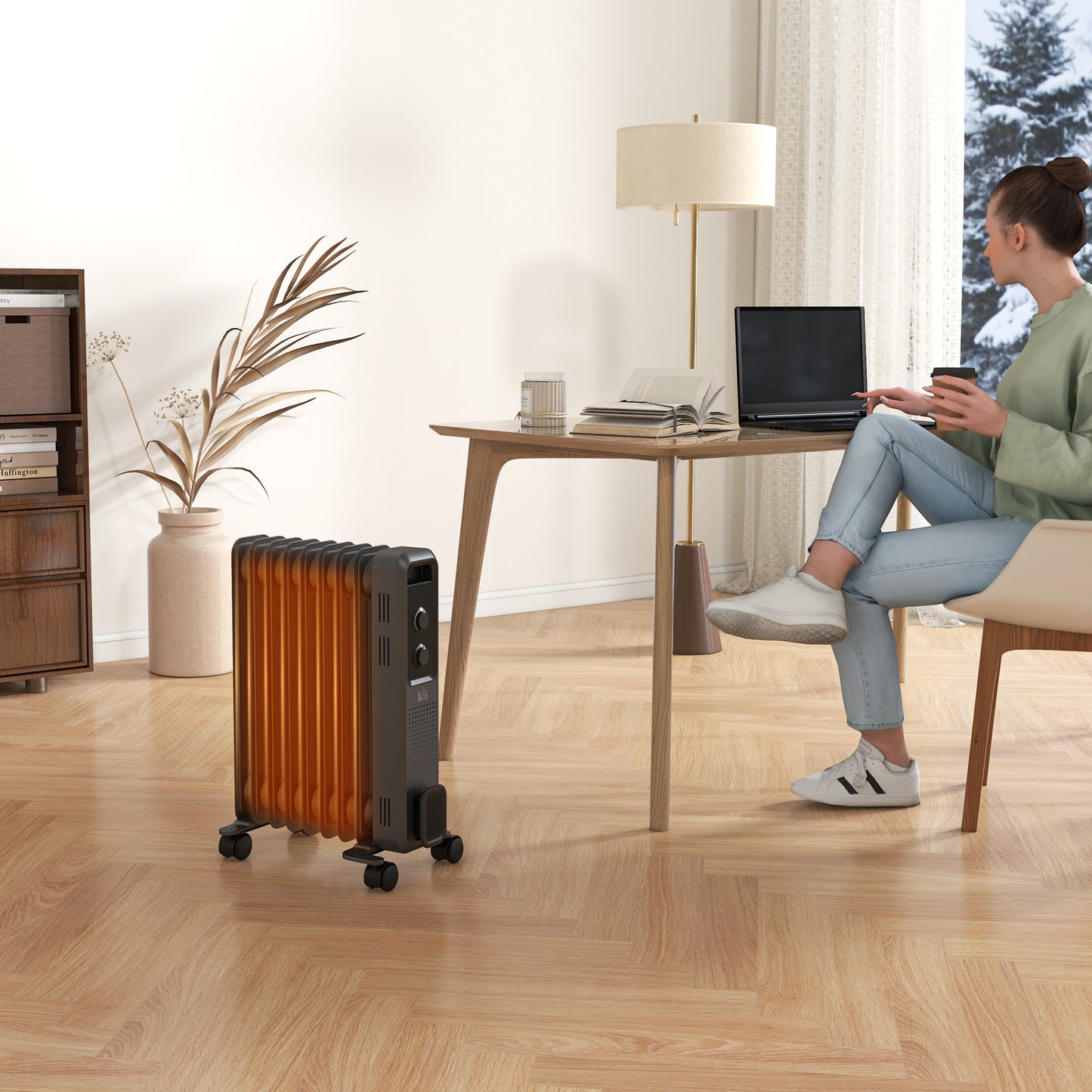 HOMCOM 2000W Oil Filled Radiator, 9 Fin, Portable Electric Heater with 3 Heat Settings, Safety Cut-Off and Wheels, Grey