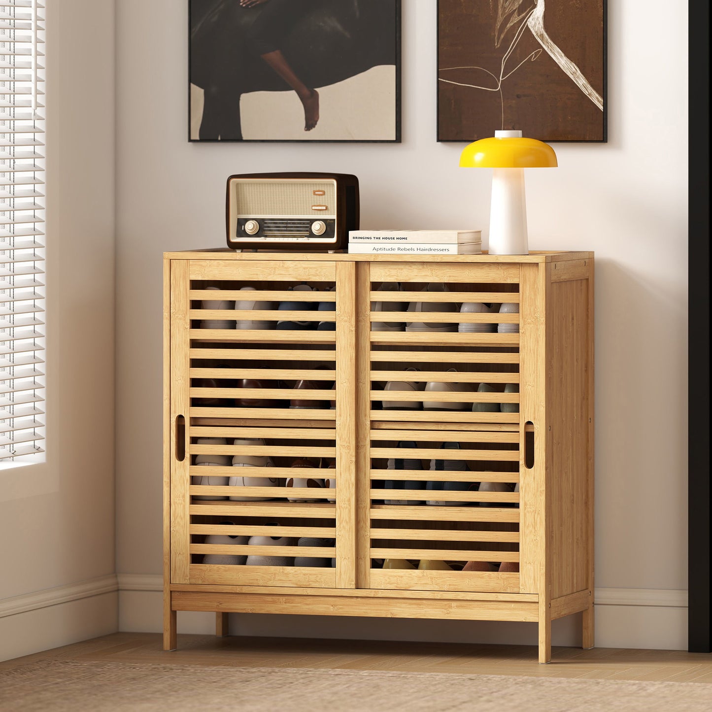 HOMCOM Bamboo Shoe Cabinet with 2 Sliding Slat Doors, 16Pairs, Adjustable Shelves, Natural