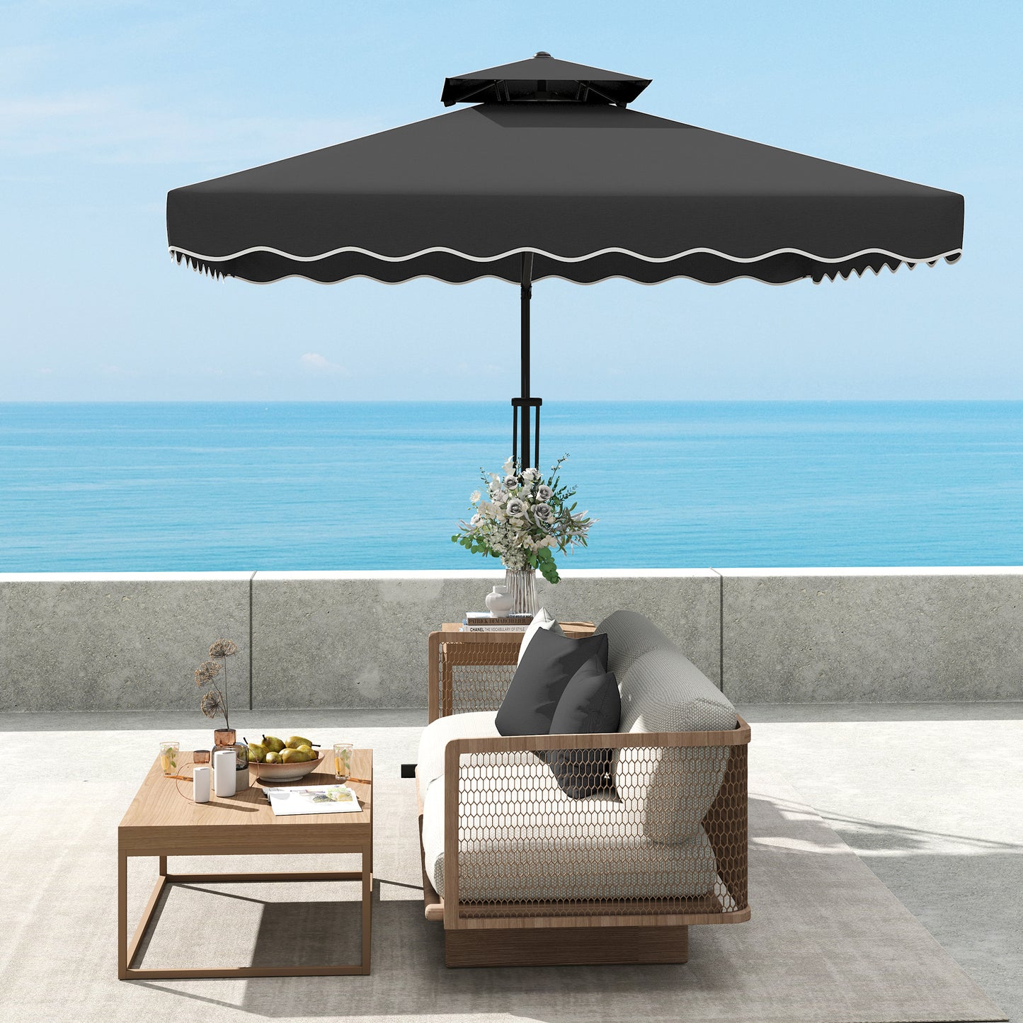 Outsunny 2.5m Cantilever Parasol with Easy Lever, Double Top, Ruffles, Cross Base, Overhanging Outdoor Sun Shade, Black