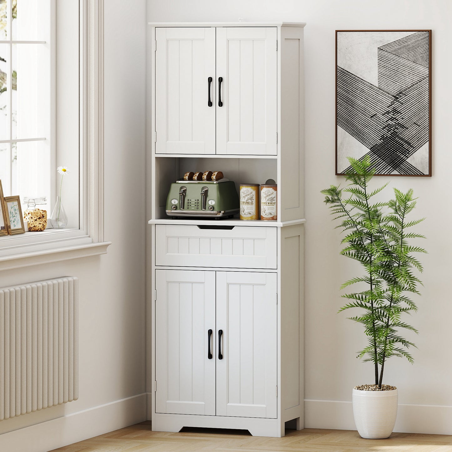 HOMCOM 172 cm Tall Kitchen Pantry Cupboard w/ Small Open Counter, Freestanding Kitchen Cabinet w/ 2 Adjustable Shelves, White