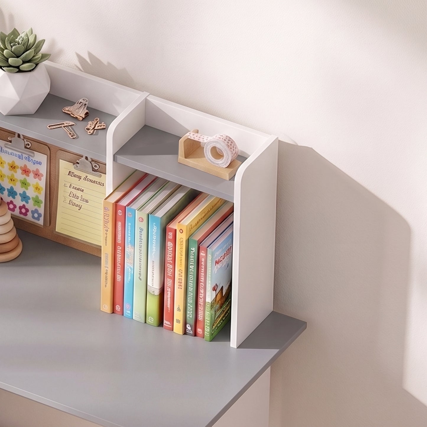 AIYAPLAY Kids Desk and Chair Set Storage Shelves Kids Desk Adjustable Tablet Stand Cork Board Pen Holder Grey