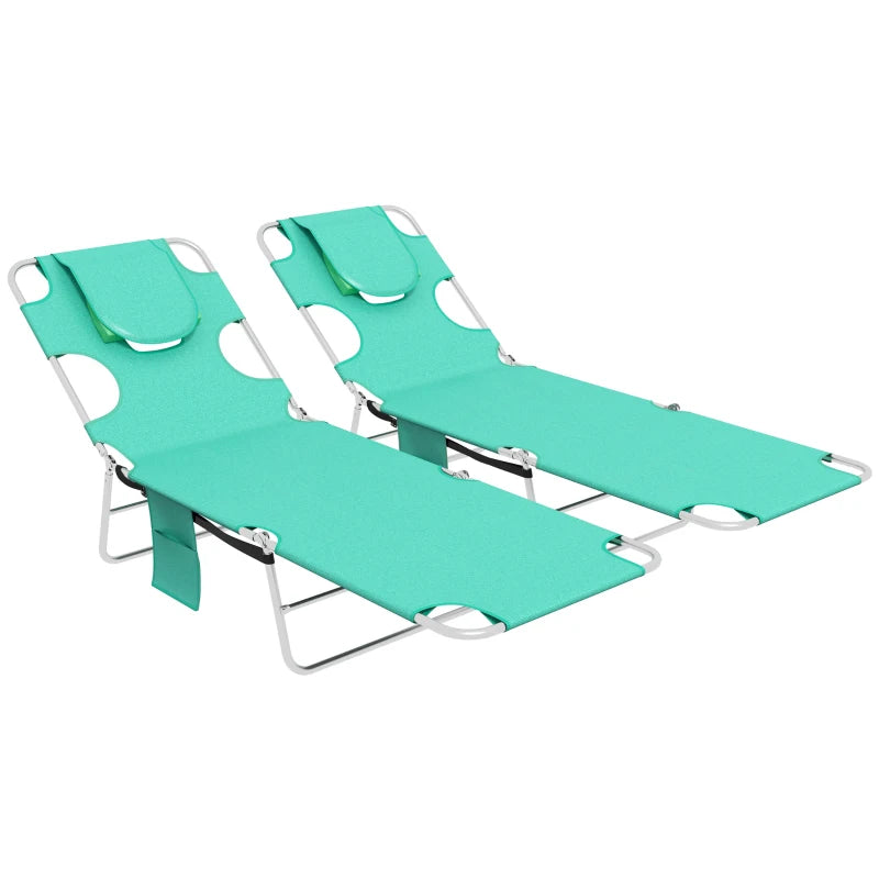Outsunny Foldable Sun Lounger Set of 2 with Reading Hole, Portable Sun Lounger with 5 Level Adjustable Backrest, Reclining Lounge Chair with Side Pocket, Headrest Pillow, Green
