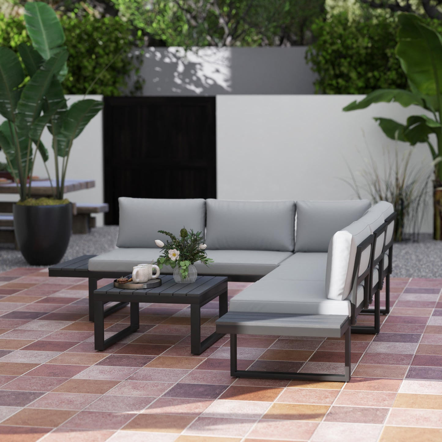Outsunny 4-Piece Patio Set: 5-Level Recline Corner Sofa, Cushions, Wood Grain Table, Black Frame, Light Grey