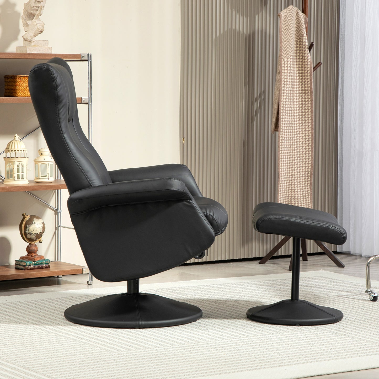 HOMCOM Swivel Recliner Chair with Footstool, PU Leather Adjustable Recliner Armchair, Steel Frame, Flared Armrests for Living Room, Black