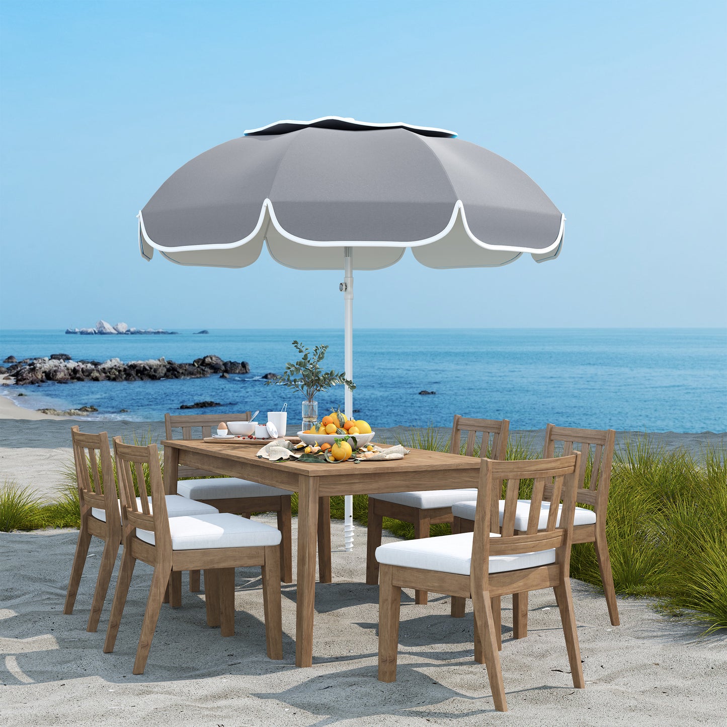 Outsunny Beach Umbrella Portable with Sand Anchor, Carry Bag, Adjustable Height & Tilt, UPF50+ UV Protection, Grey