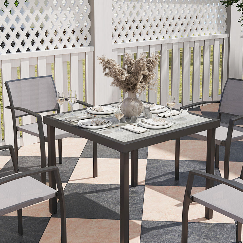 Outsunny 5 Piece Garden Furniture Set with 4 Stackable Armchairs, Easy Clean Top, Steel Frame, Texteline Seat, Grey