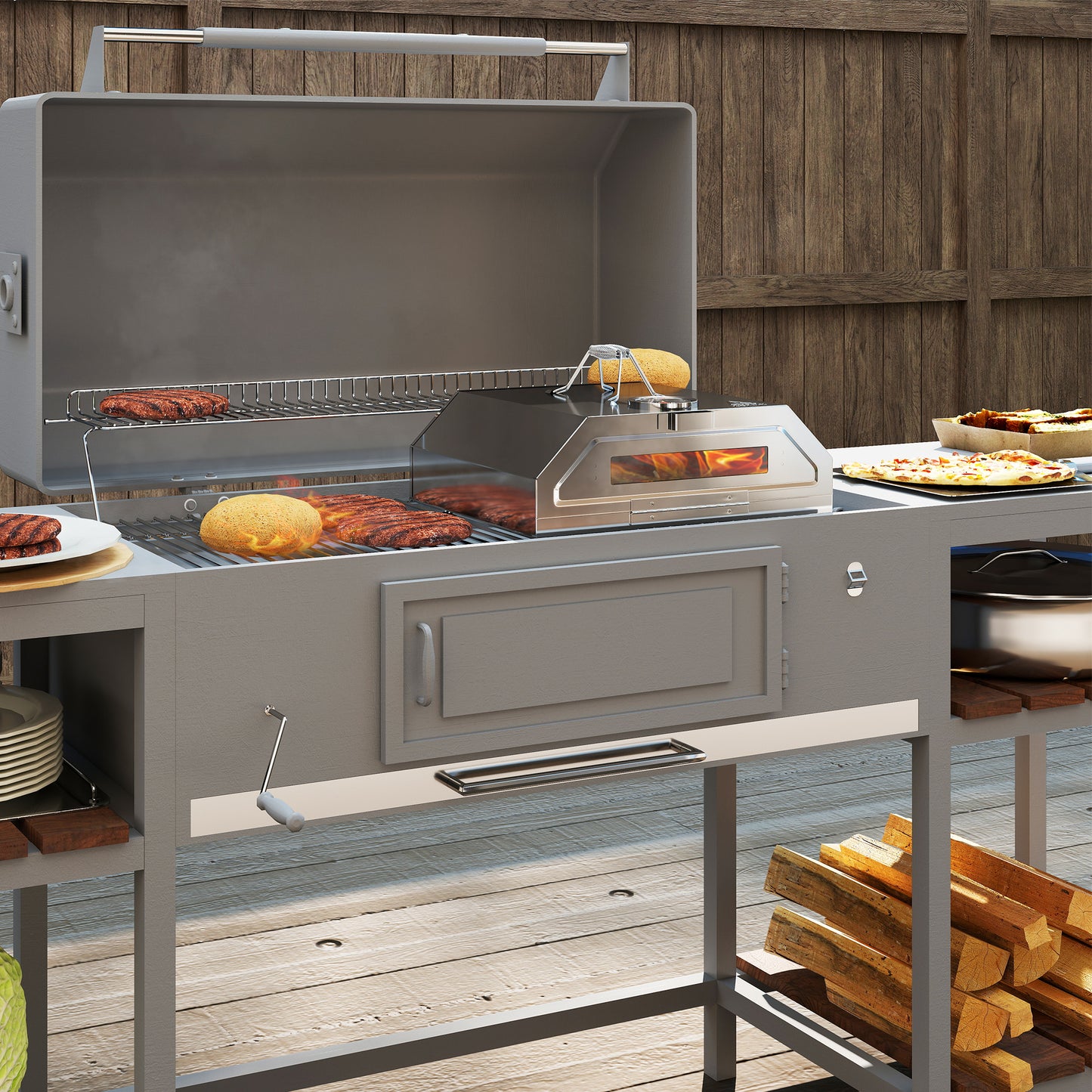 Outsunny Portable Stainless Steel BBQ Pizza Oven with Thermometer & Viewing Window for Grills, Includes Stone & Peel, Silver Tone