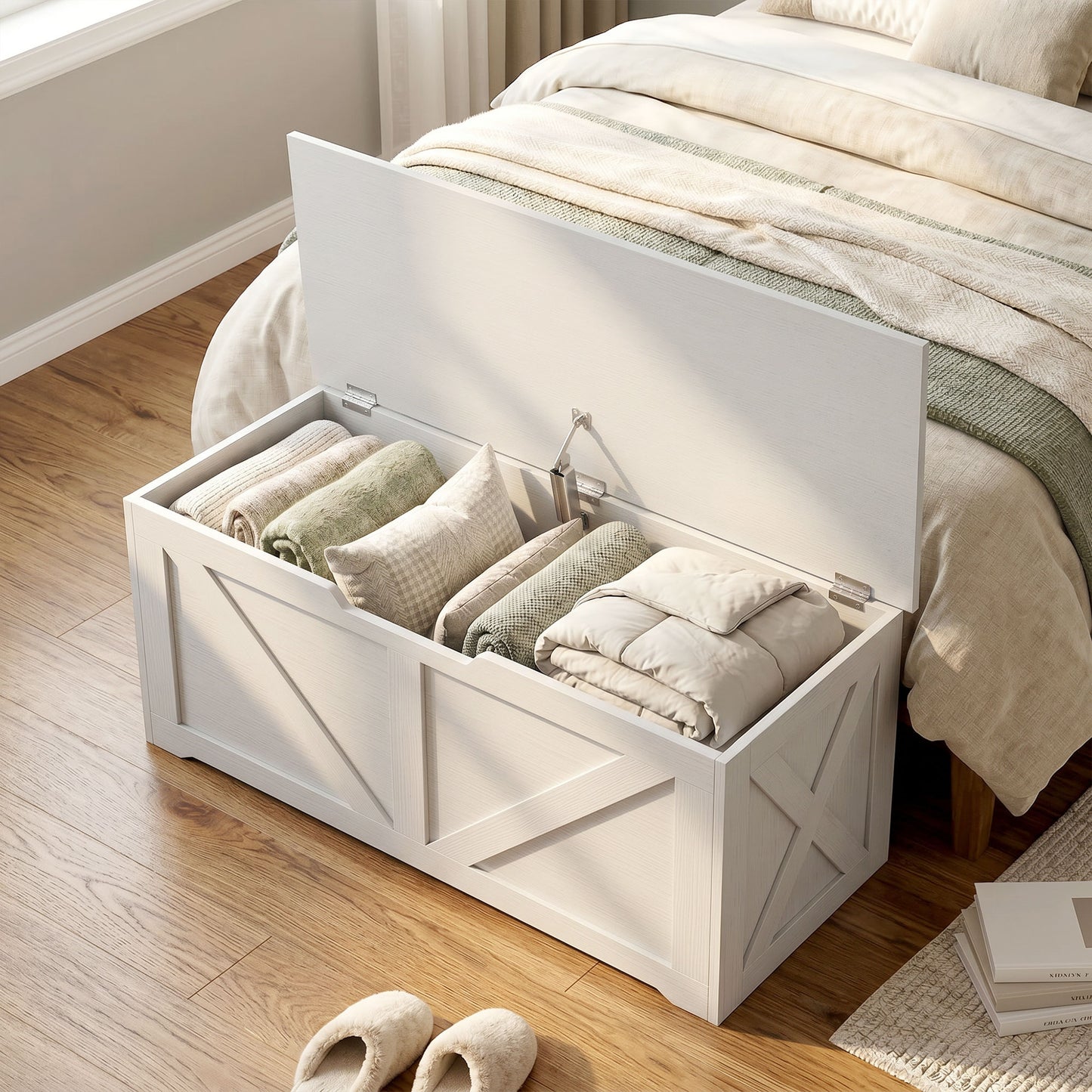 HOMCOM 100L Home Storage Box, with Safety Hinge - White Wood-Effect