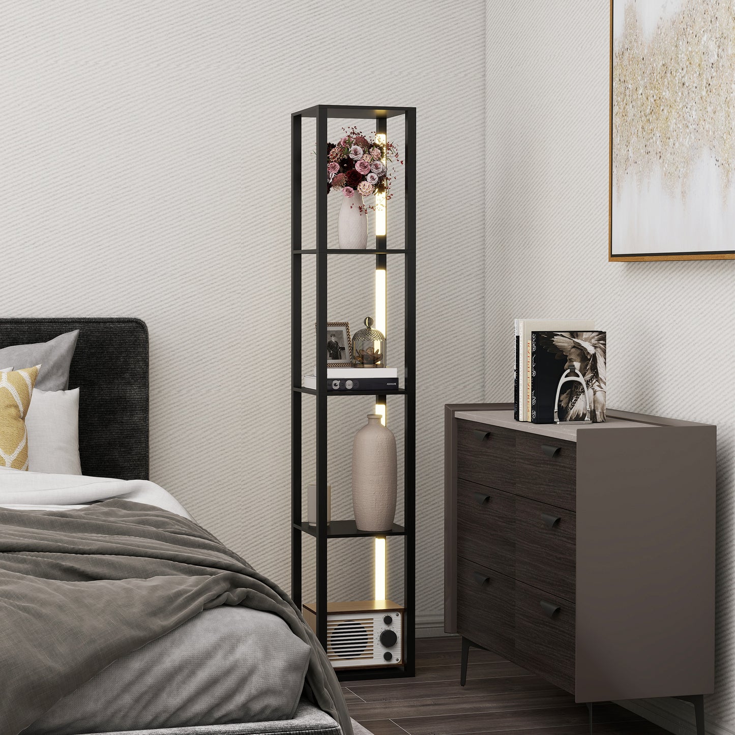 HOMCOM Floor Lamp with Shelves, 4-Layer Dimmable Standing Lamp, 3 Brightness Levels, Foot Switch for Living Room, Bedroom, Office, Black