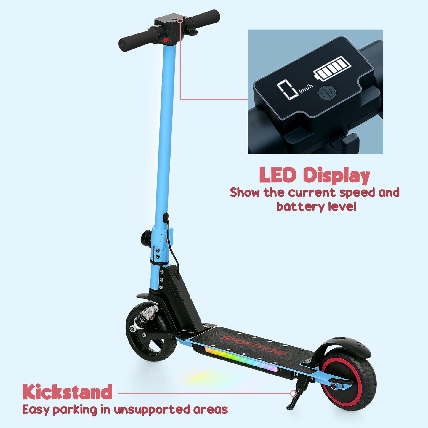 SPORTNOW Folding Electric Scooter for Kids 6-14, Dual Brakes, LED Lights, 6.8kg, 14 KM/H & 6 KM, Blue