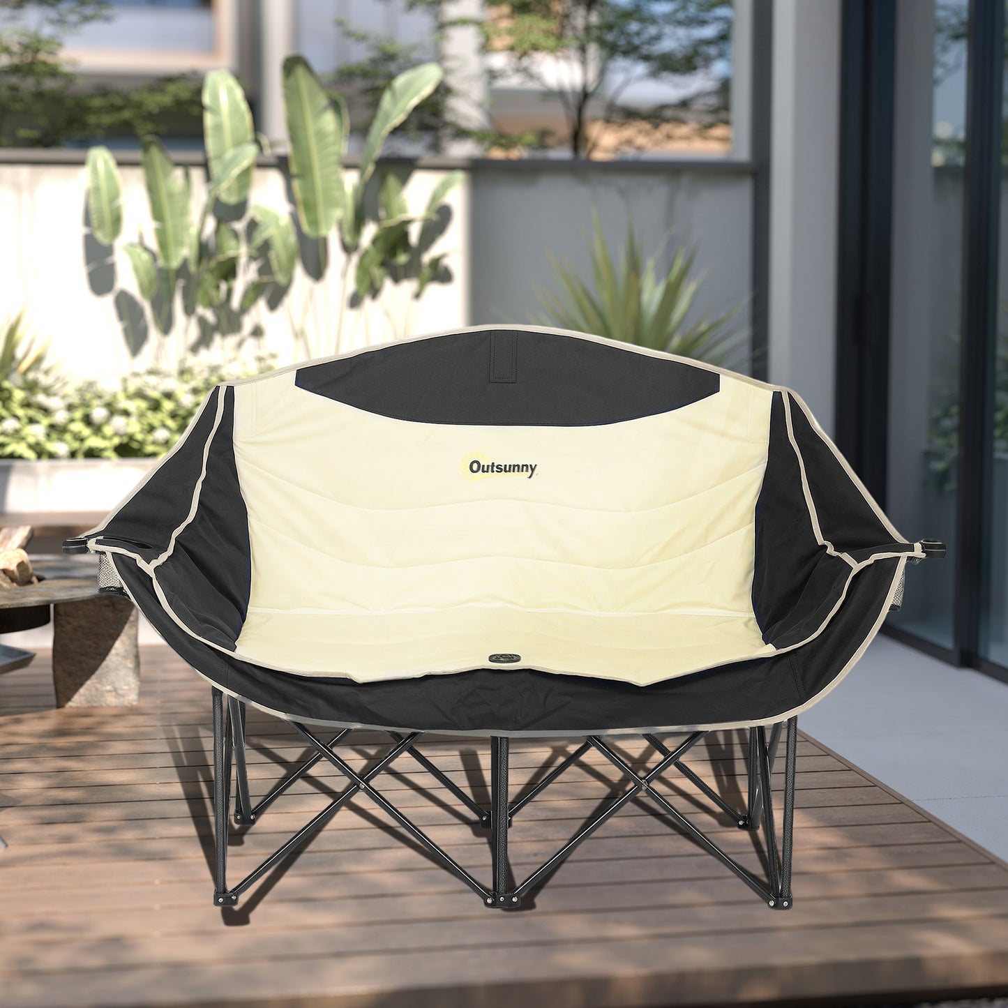 Outsunny Double Camping Chair for Adults, Heavy Duty Padded Folding Chair with Armrests, Cup Holders, Carry Bag, 250kg Capacity, Khaki