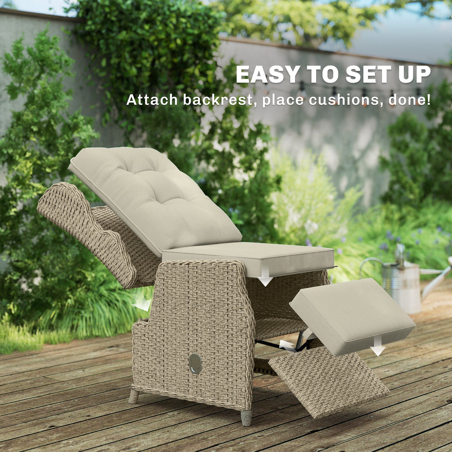 Outsunny Rattan Garden Recliner Chair, Reclining Garden Chair with Adjustable Back and Footrest, Flip Table, Cushion, Brown