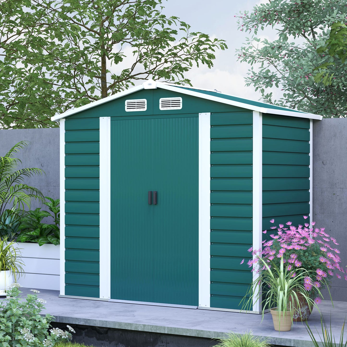 Outsunny Garden Shed 7x4ft, Easy Assembly, Upgraded Galvanised Steel, Double Lockable Doors, Vents & Gloves, Foundation Kit, Green
