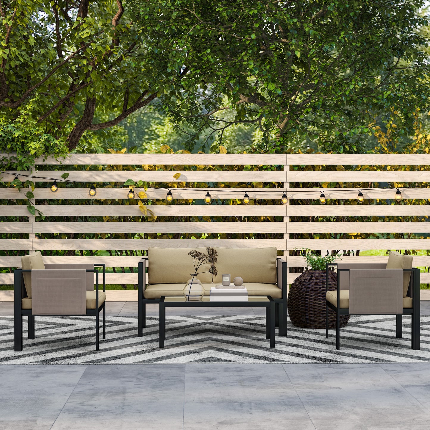 Outsunny 4-Piece Metal Garden Furniture Set with Tempered Glass Table, Loveseat, Single Armchairs, Padded Cushions, Khaki