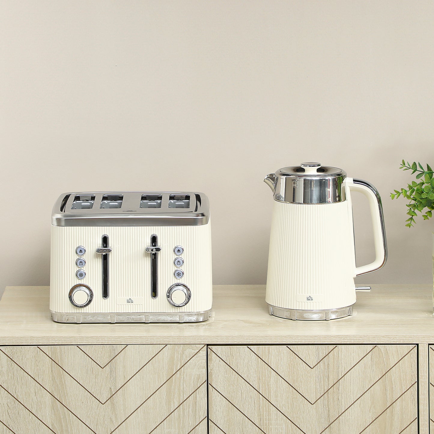 HOMCOM Electric Kettle and Toaster Set, 3000W 1.7L Rapid Boil Jug with Filter, Cool Touch, 4 Slice Toaster with 7 Browning Controls, Crumb Tray, Cream