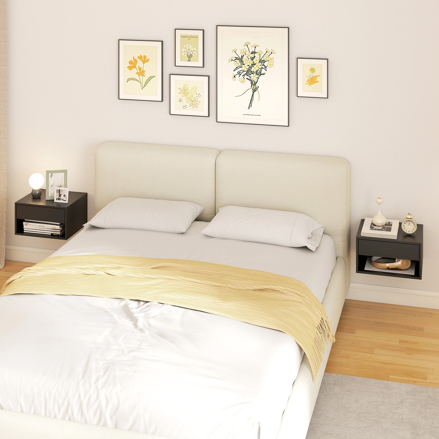 HOMCOM Floating Bedside Tables Set of 2, Wall Mounted Nightstand, High Gloss Black