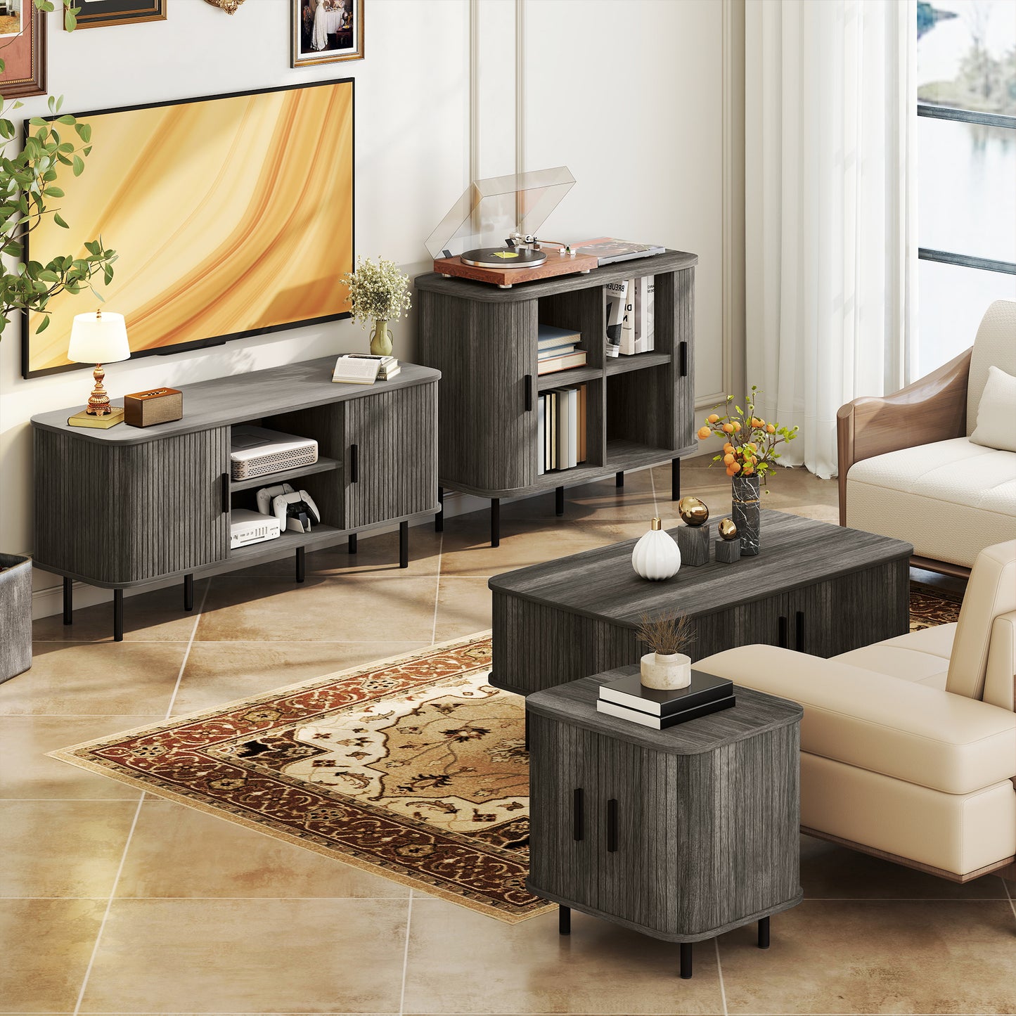 HOMCOM Coffee Table, Storage & Slatted Tambour Sliding Doors, Rectangular with Elevated Base & Foot Pads, Living Room, Grey Wood-Effect