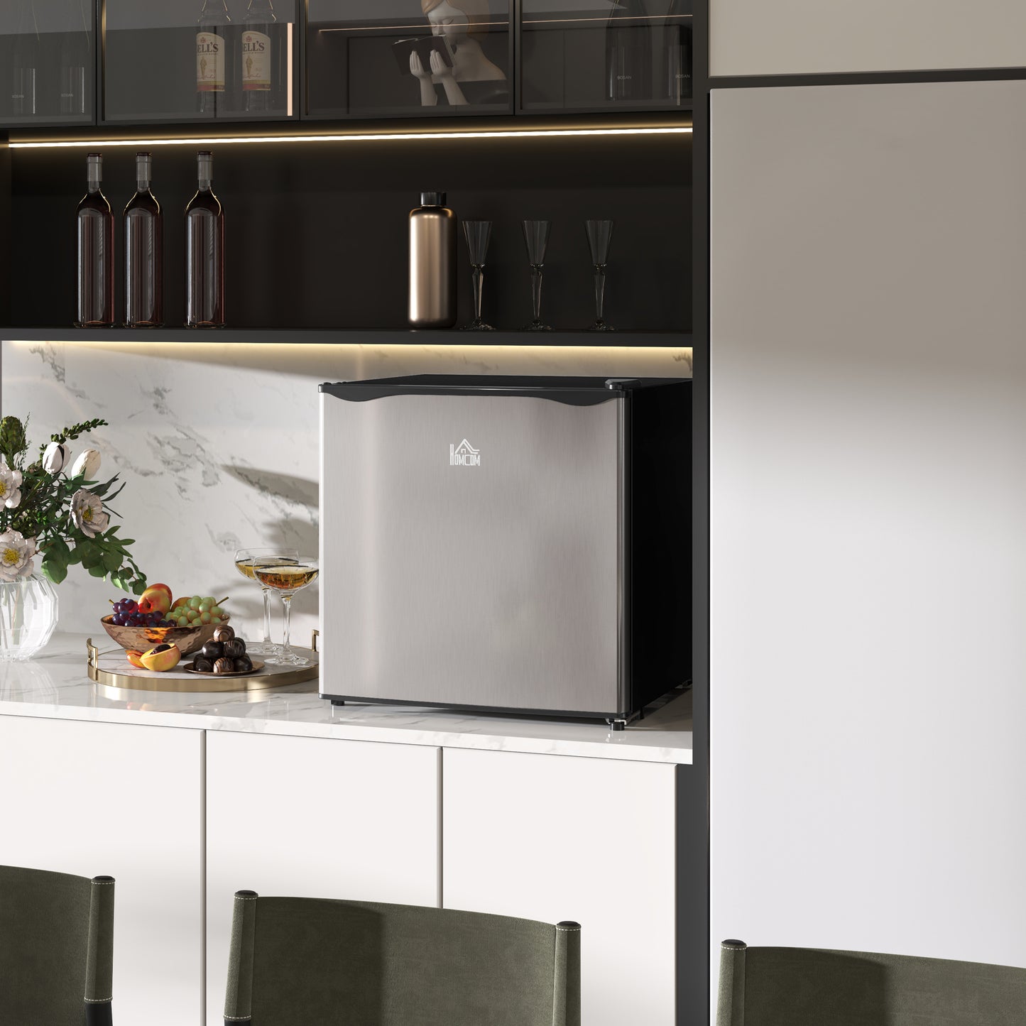 HOMCOM 46L Table Top Mini Fridge with Ice Box, Reversible Door, Adjustable Temp and Legs for Bedrooms/Home Office, Silver Tone