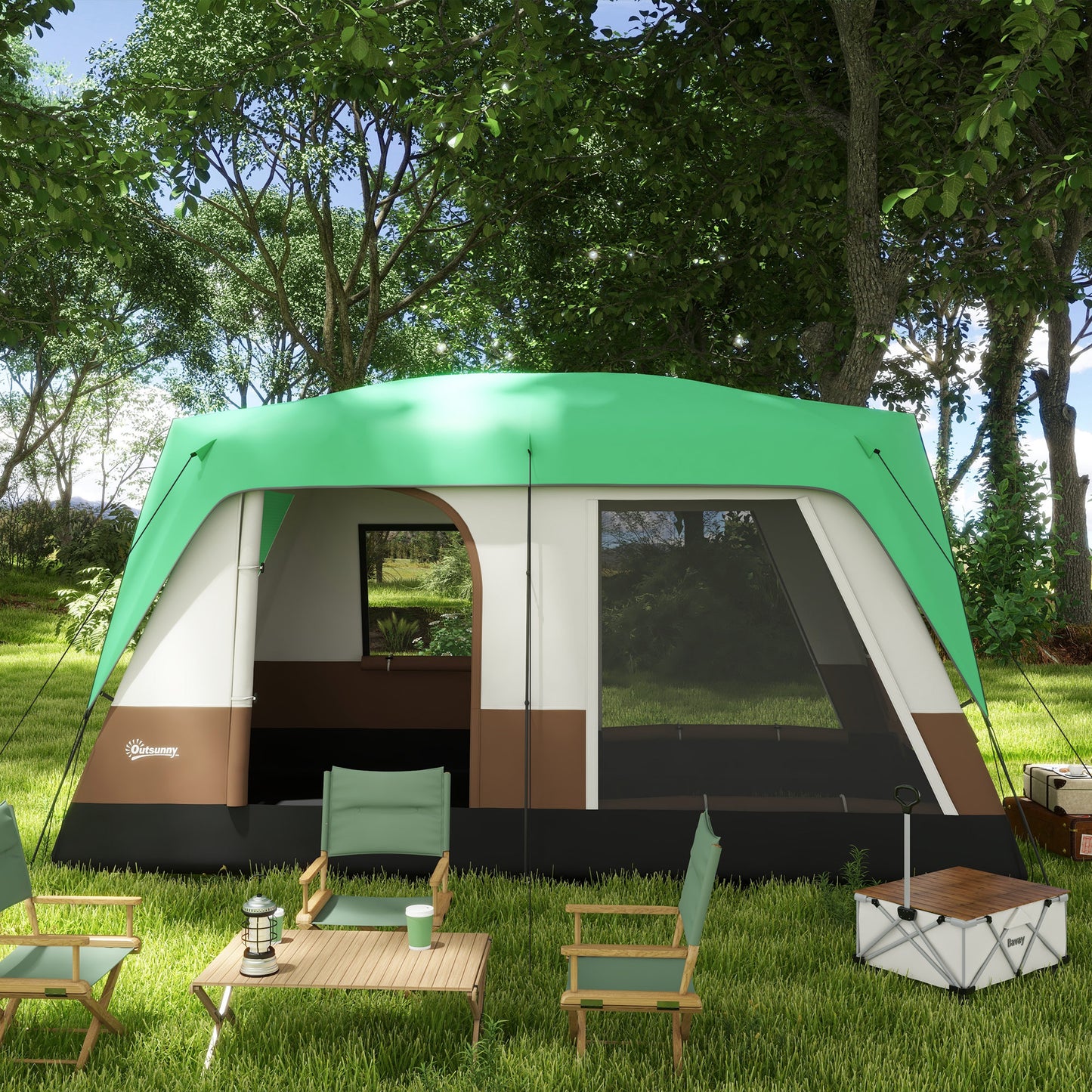 Outsunny Seven-Man Camping Tent with Small Rainfly and Accessories - Green