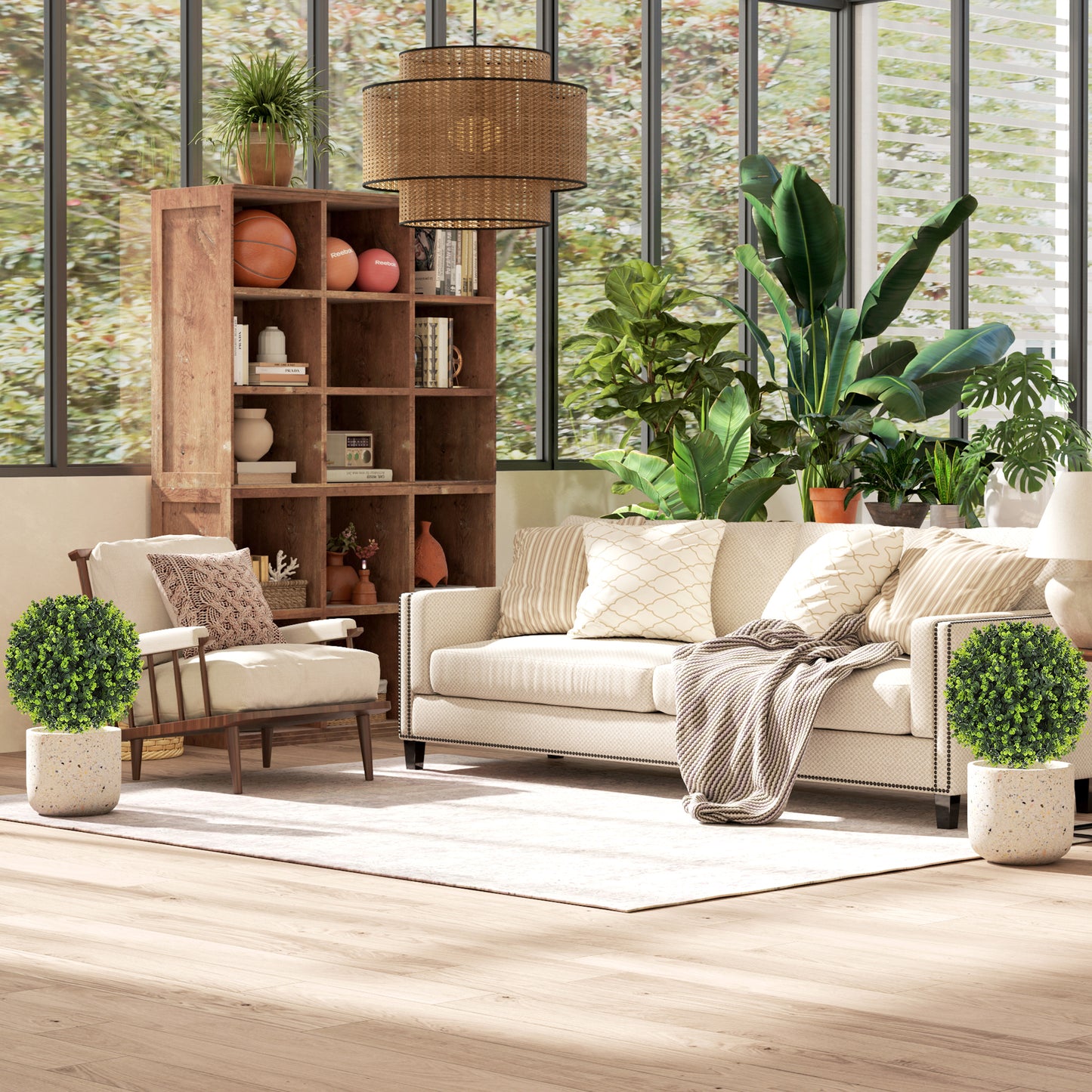 HOMCOM Set of 2 40 cm Artificial Boxwood Topiary Ball Bush with Ground Stake, UV Resistant Faux Plants for Indoor/Outdoor Garden, Green