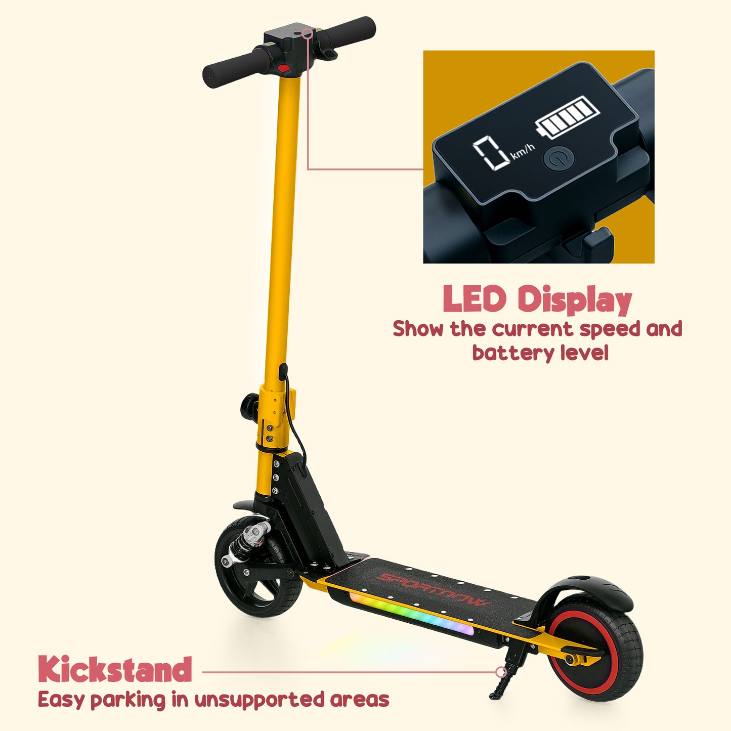 SPORTNOW Folding Electric Scooter for Kids 6-14, Dual Brakes, LED Lights, 6.8kg, Up to 14 KM/H, Gold Tone