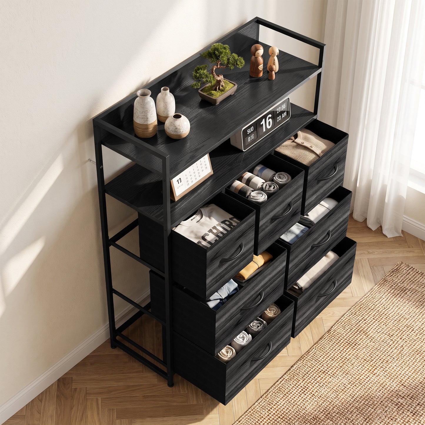 HOMCOM Chest of Drawers, Bedroom Fabric Dresser with 7 Drawers, Storage Organiser Unit with Open Shelves, Black Wood-Effect