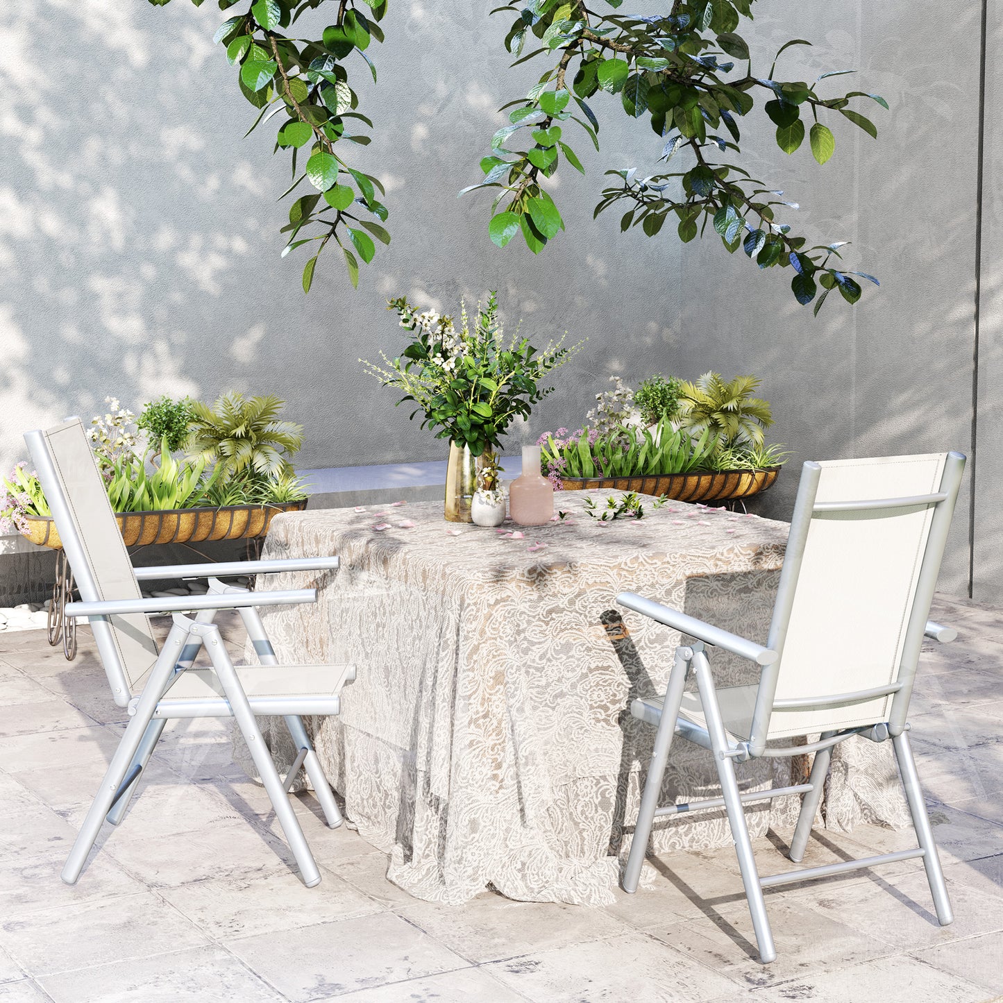 Outsunny Set of 2 Folding Aluminium Camping Chairs, Breathable Mesh, Armrests, Light Grey