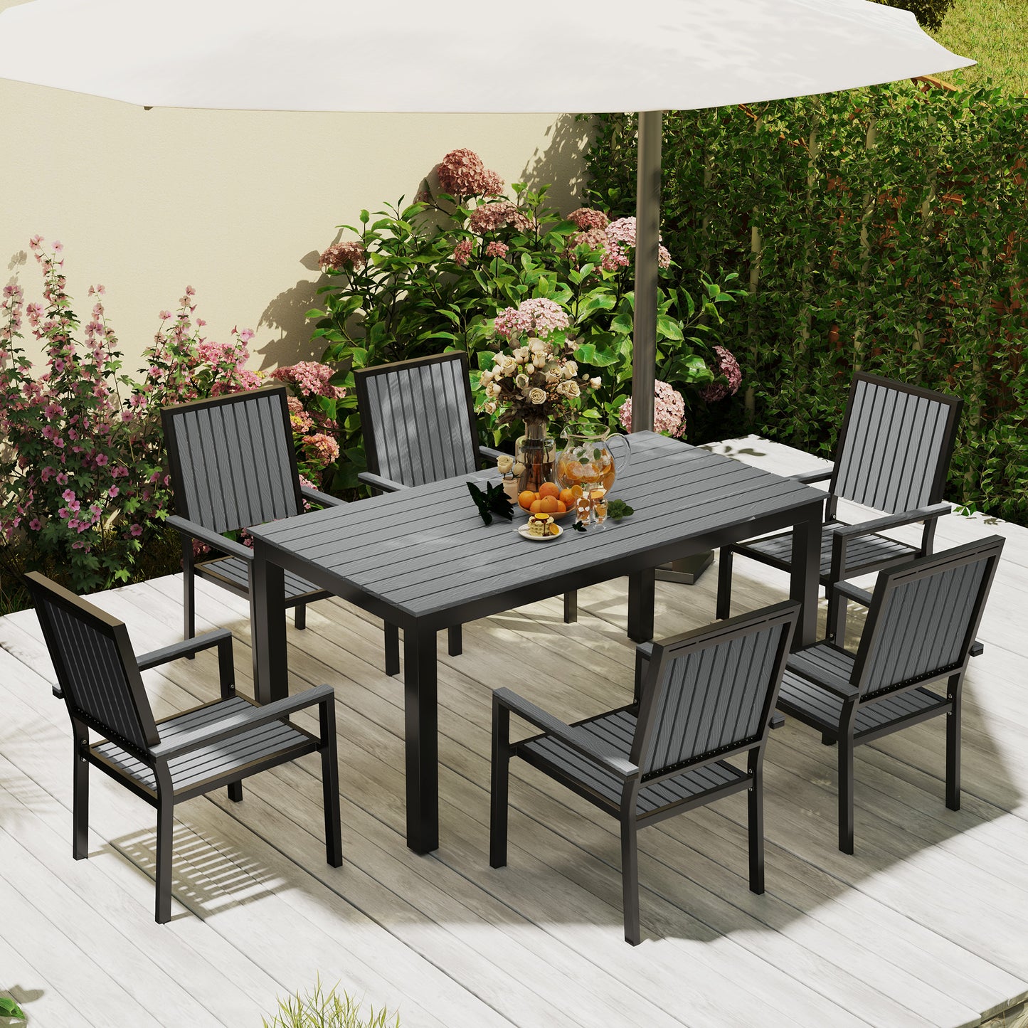 Outsunny 6 Seater Garden Dining Set, Stackable Chairs, Aluminum Frame, Rectangular Top, Outdoor Furniture for Patio/Poolside, Grey