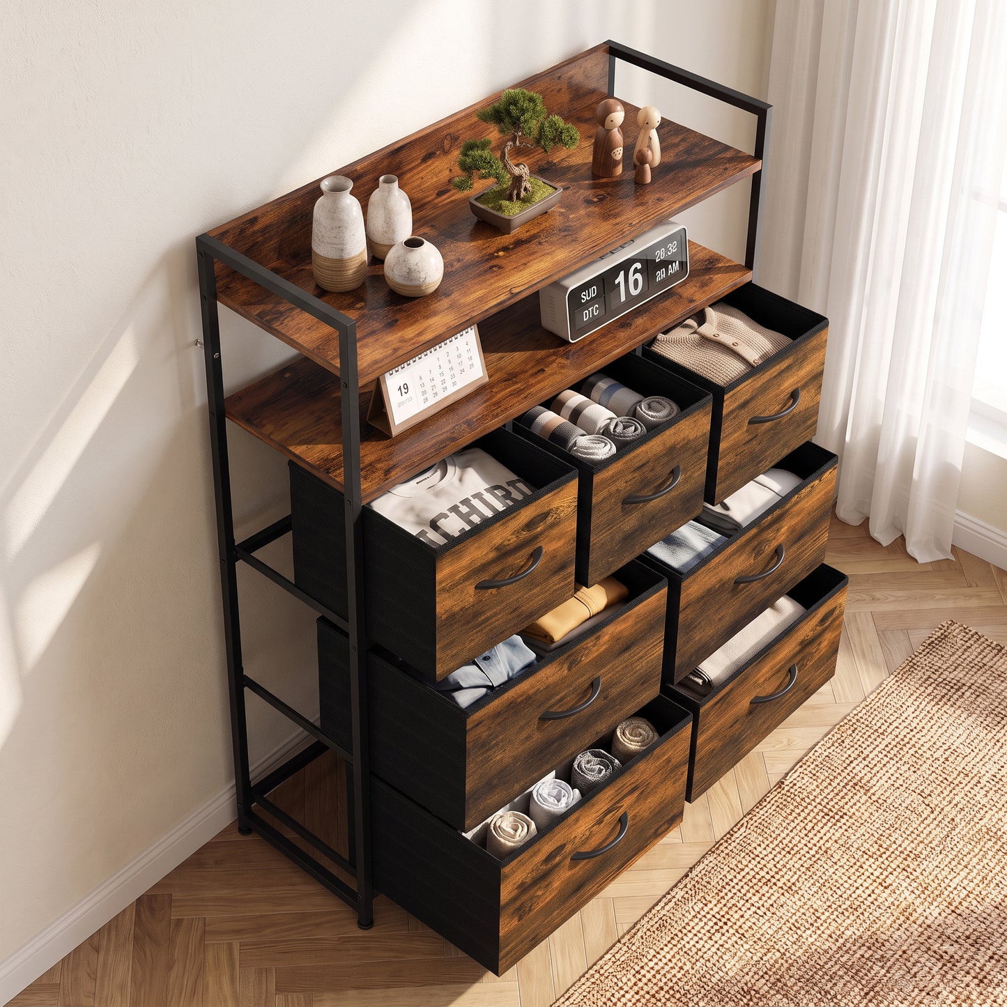 HOMCOM Chest of Drawers, Bedroom Fabric Dresser with 7 Drawers, Storage Organiser Unit with Open Shelves, Rustic Brown