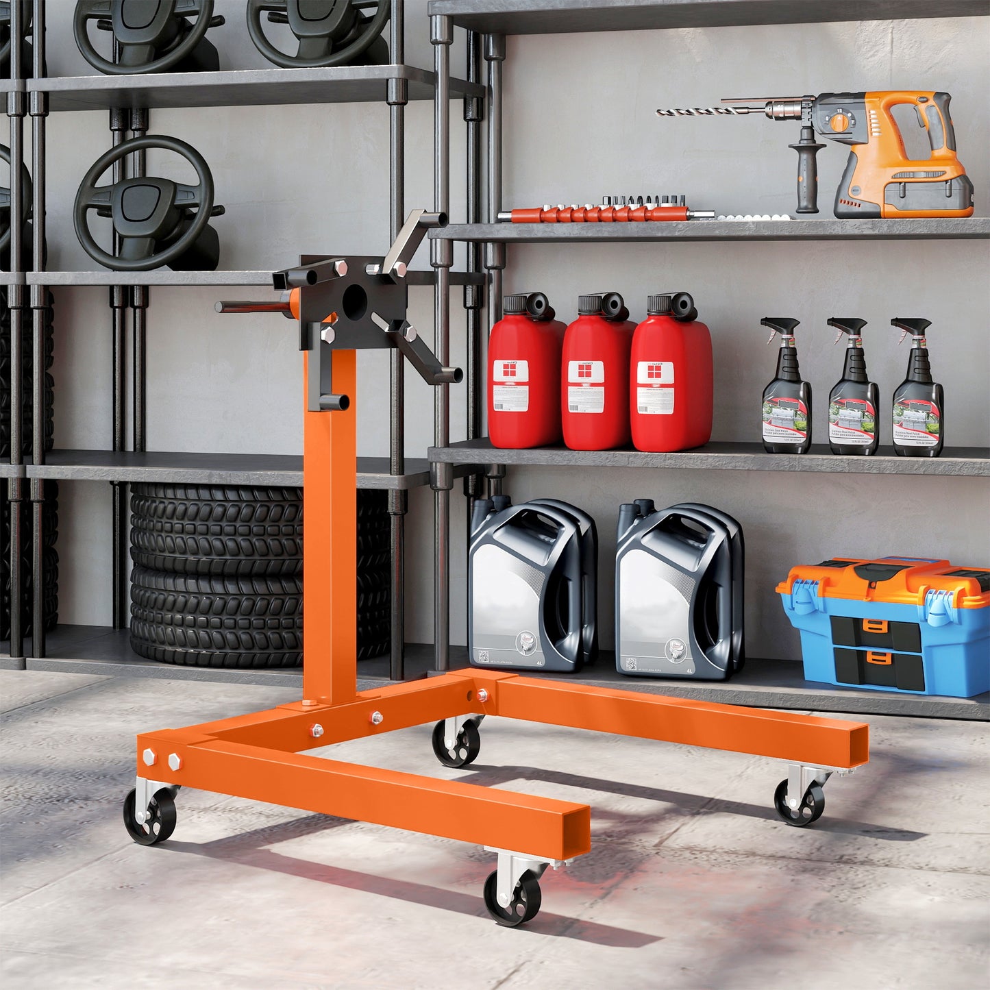 HOMCOM Engine Stand, 570 kg Rotating Head with 4 Mounting Arms, Heavy Duty Steel, Universal Wheels for Garage/Workshop, Orange