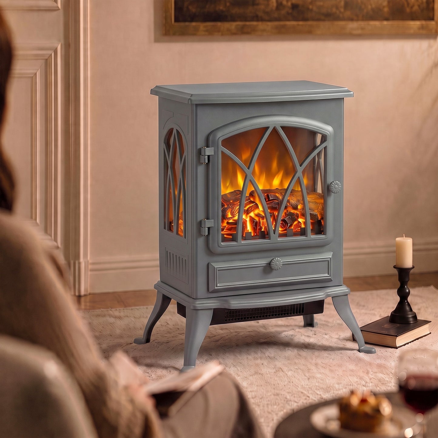 HOMCOM 1kW-2kW Vintage Electric Fireplace Heater - Grey