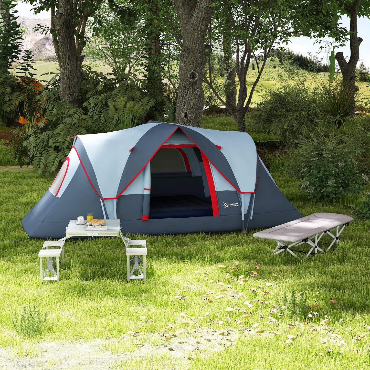 Outsunny Folding Picnic Table with 4 Seats and Umbrella Hole - Grey