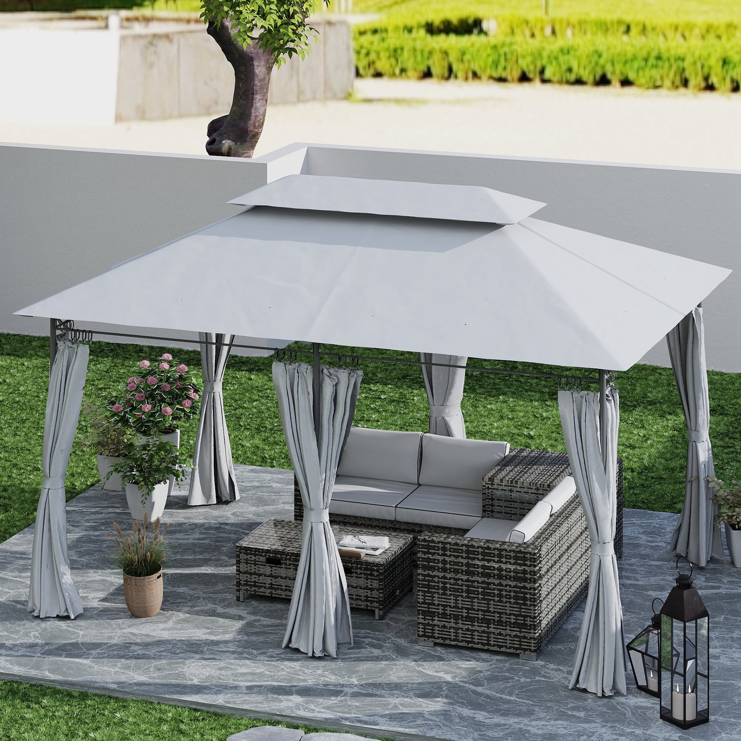 Outsunny 3 x 4m Garden Gazebo with Sides, Double Roof Metal Gazebo, Outdoor Gazebo Canopy Shelter for Patio, Deck, Dark Grey