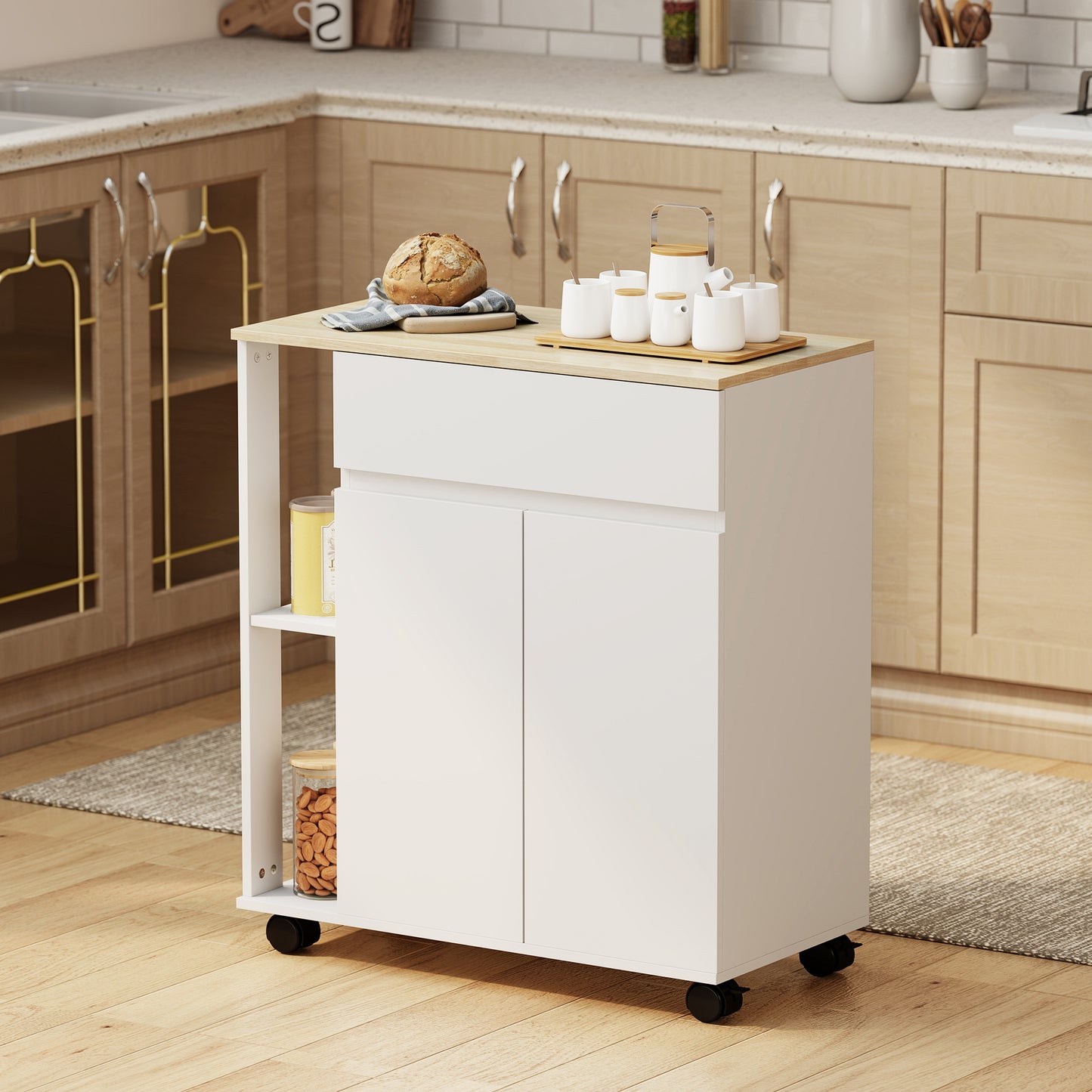 HOMCOM Kitchen Storage Trolley Cart with Cabinet, Drawer and Open Shelves, White