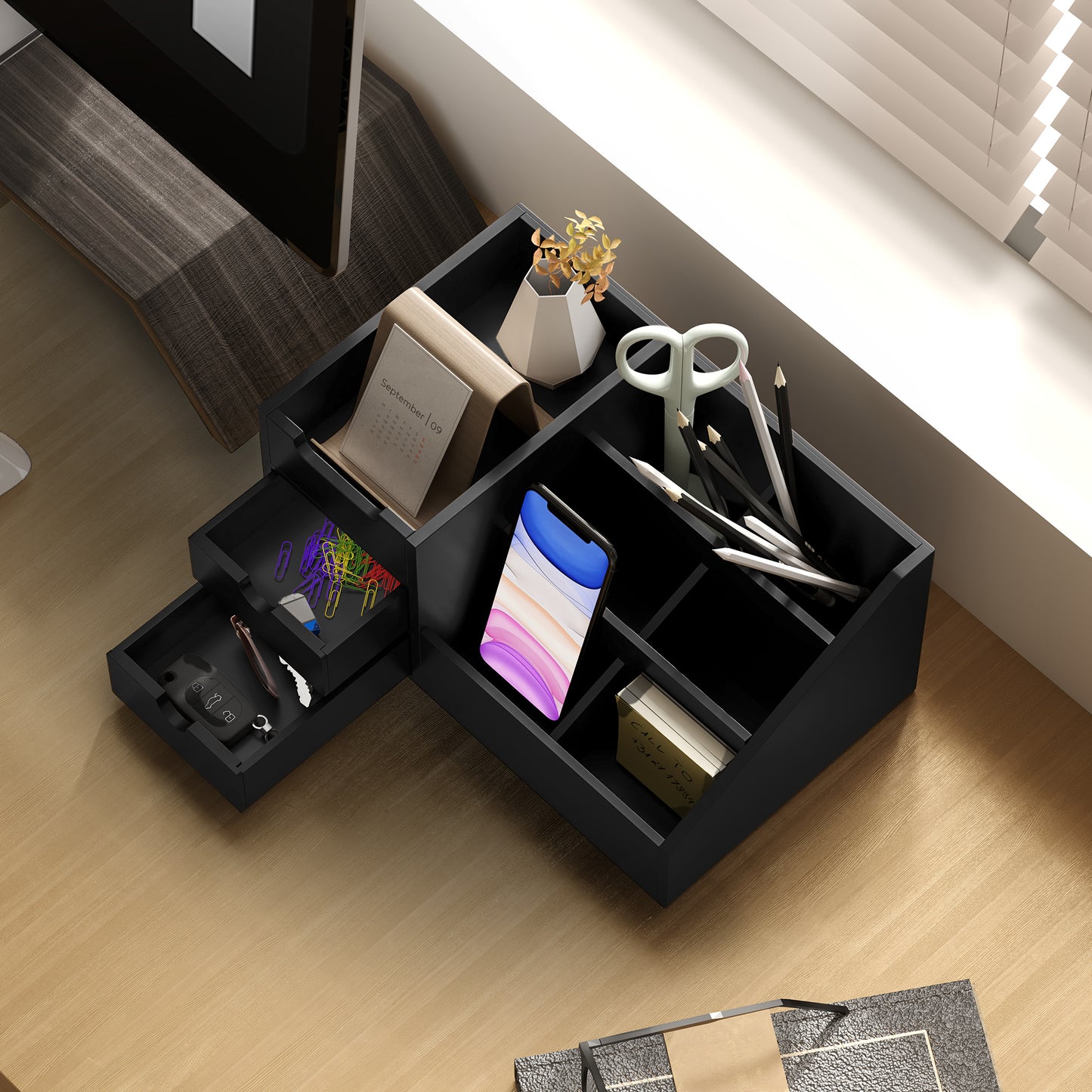 HOMCOM Desk Organiser, Bamboo Storage Caddy with 7 Compartments and 2 Drawers for Home Office Supplies, Black