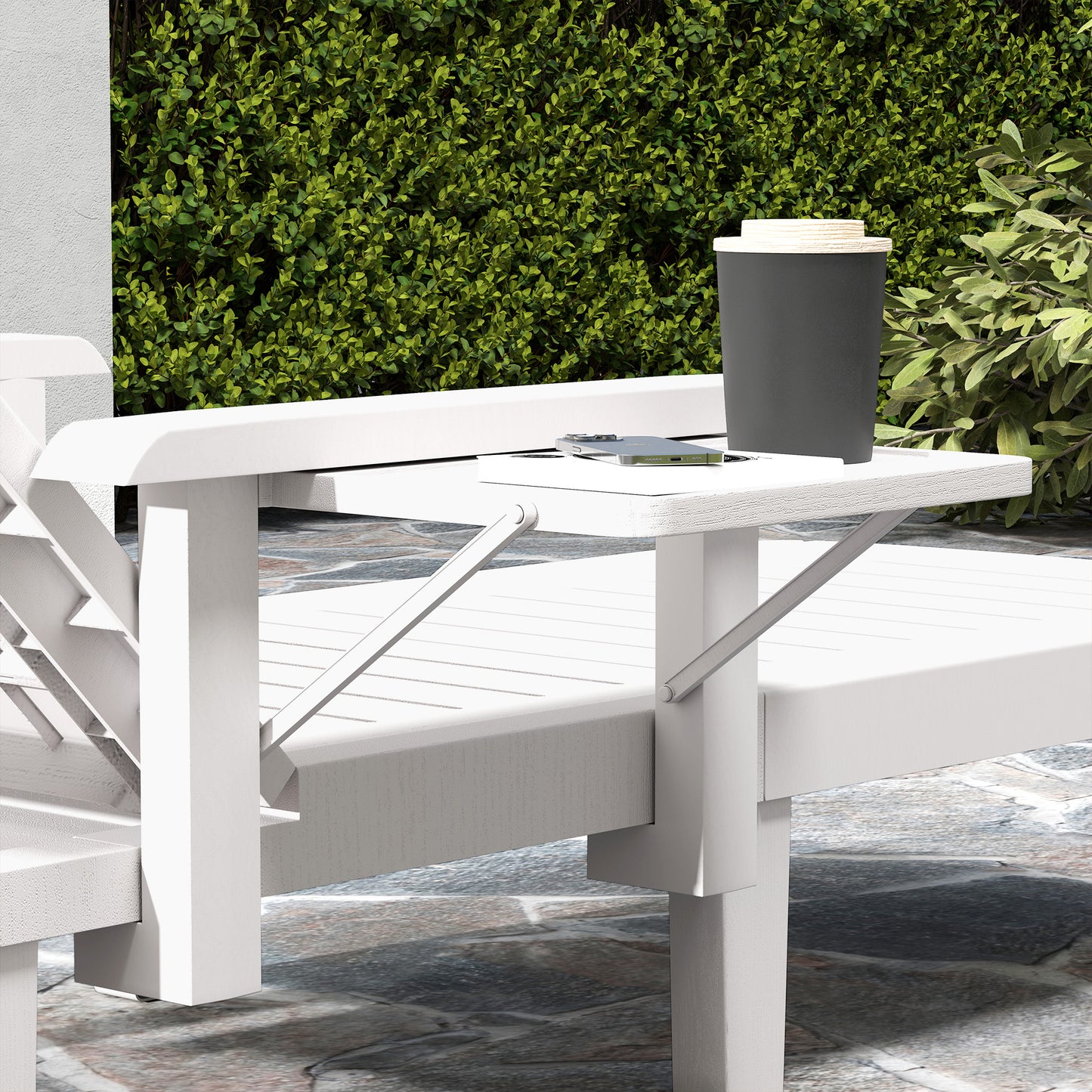 Outsunny Set of 2 Resin Reclining Sun Loungers, 5-Position Adjustable Chaise with Armrests, Foldable Side Table for Garden/Beach, White